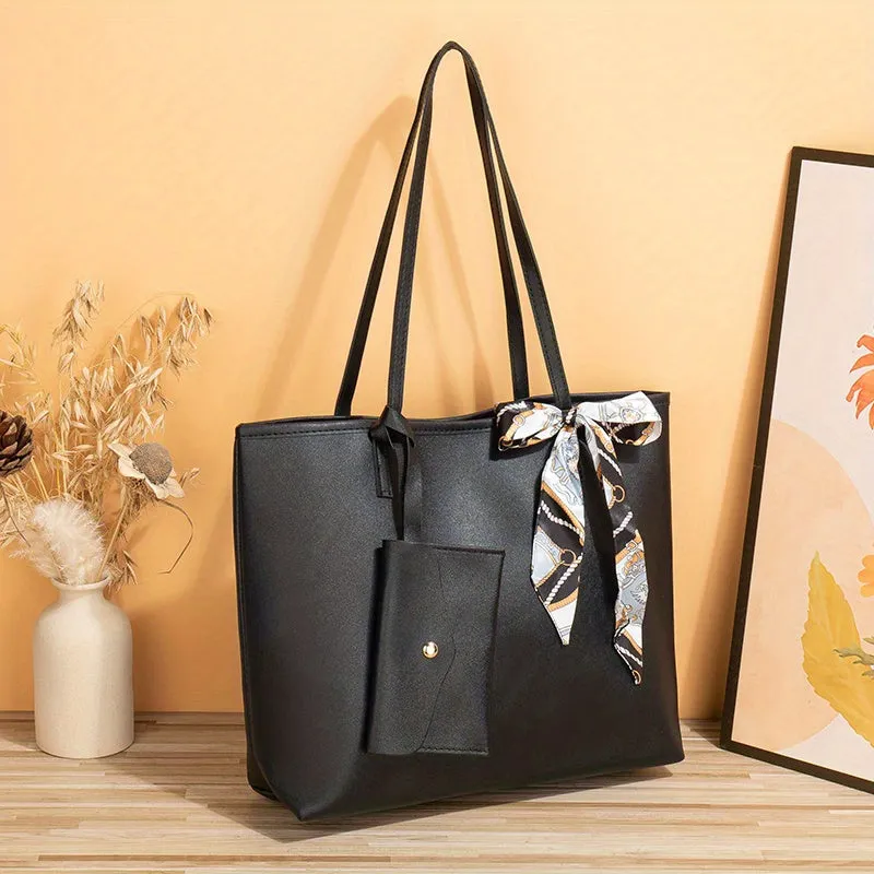 realaiot  Trendy Minimalist Tote Bag, Large Capacity Shoulder Bag With Clutch Purse & Scarf Decor