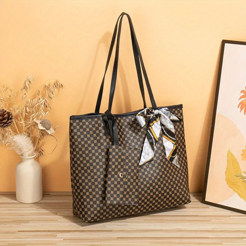 realaiot  Trendy Minimalist Tote Bag, Large Capacity Shoulder Bag With Clutch Purse & Scarf Decor