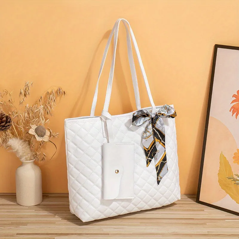realaiot  Trendy Minimalist Tote Bag, Large Capacity Shoulder Bag With Clutch Purse & Scarf Decor
