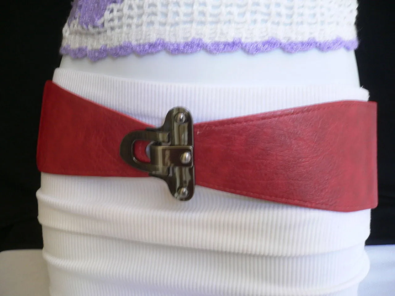 Red Black Gray Dark Brown Faux Leather Elastic Waist Hip Belt Silver Metal Hook Buckle S M