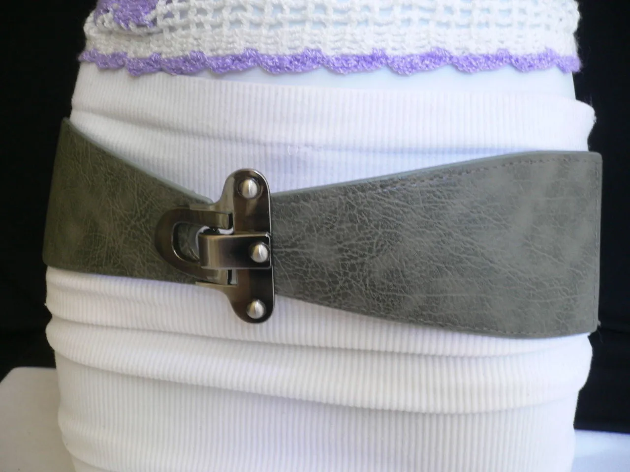 Red Black Gray Dark Brown Faux Leather Elastic Waist Hip Belt Silver Metal Hook Buckle S M