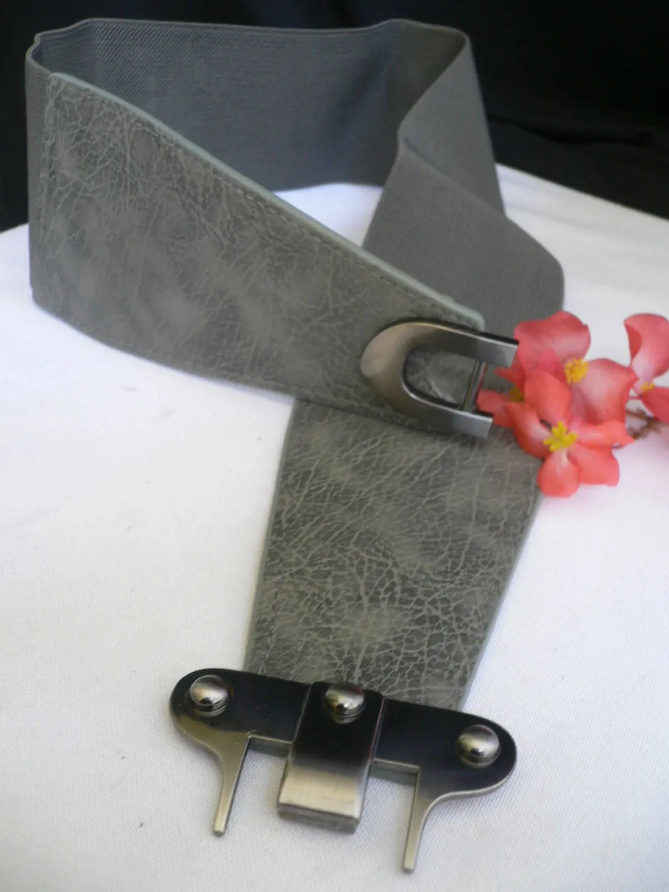 Red Black Gray Dark Brown Faux Leather Elastic Waist Hip Belt Silver Metal Hook Buckle S M