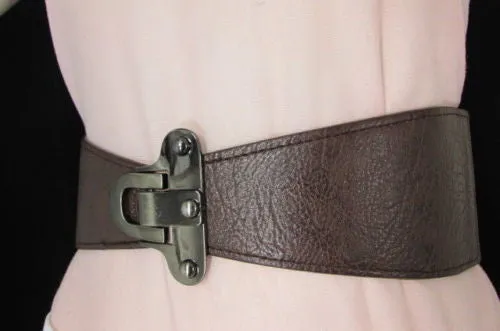Red Black Gray Dark Brown Faux Leather Elastic Waist Hip Belt Silver Metal Hook Buckle S M