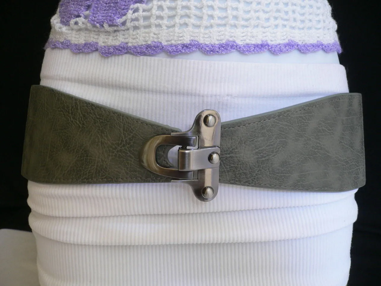 Red Black Gray Dark Brown Faux Leather Elastic Waist Hip Belt Silver Metal Hook Buckle S M