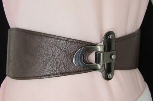 Red Black Gray Dark Brown Faux Leather Elastic Waist Hip Belt Silver Metal Hook Buckle S M