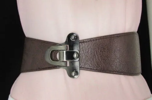 Red Black Gray Dark Brown Faux Leather Elastic Waist Hip Belt Silver Metal Hook Buckle S M