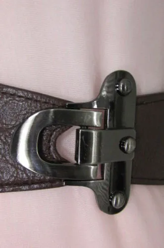 Red Black Gray Dark Brown Faux Leather Elastic Waist Hip Belt Silver Metal Hook Buckle S M