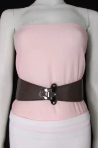 Red Black Gray Dark Brown Faux Leather Elastic Waist Hip Belt Silver Metal Hook Buckle S M