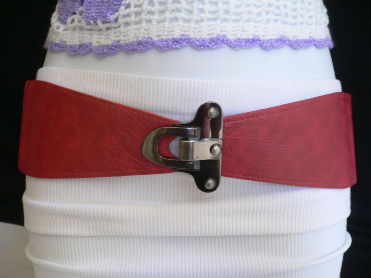 Red Black Gray Dark Brown Faux Leather Elastic Waist Hip Belt Silver Metal Hook Buckle S M
