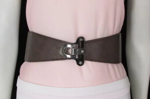 Red Black Gray Dark Brown Faux Leather Elastic Waist Hip Belt Silver Metal Hook Buckle S M