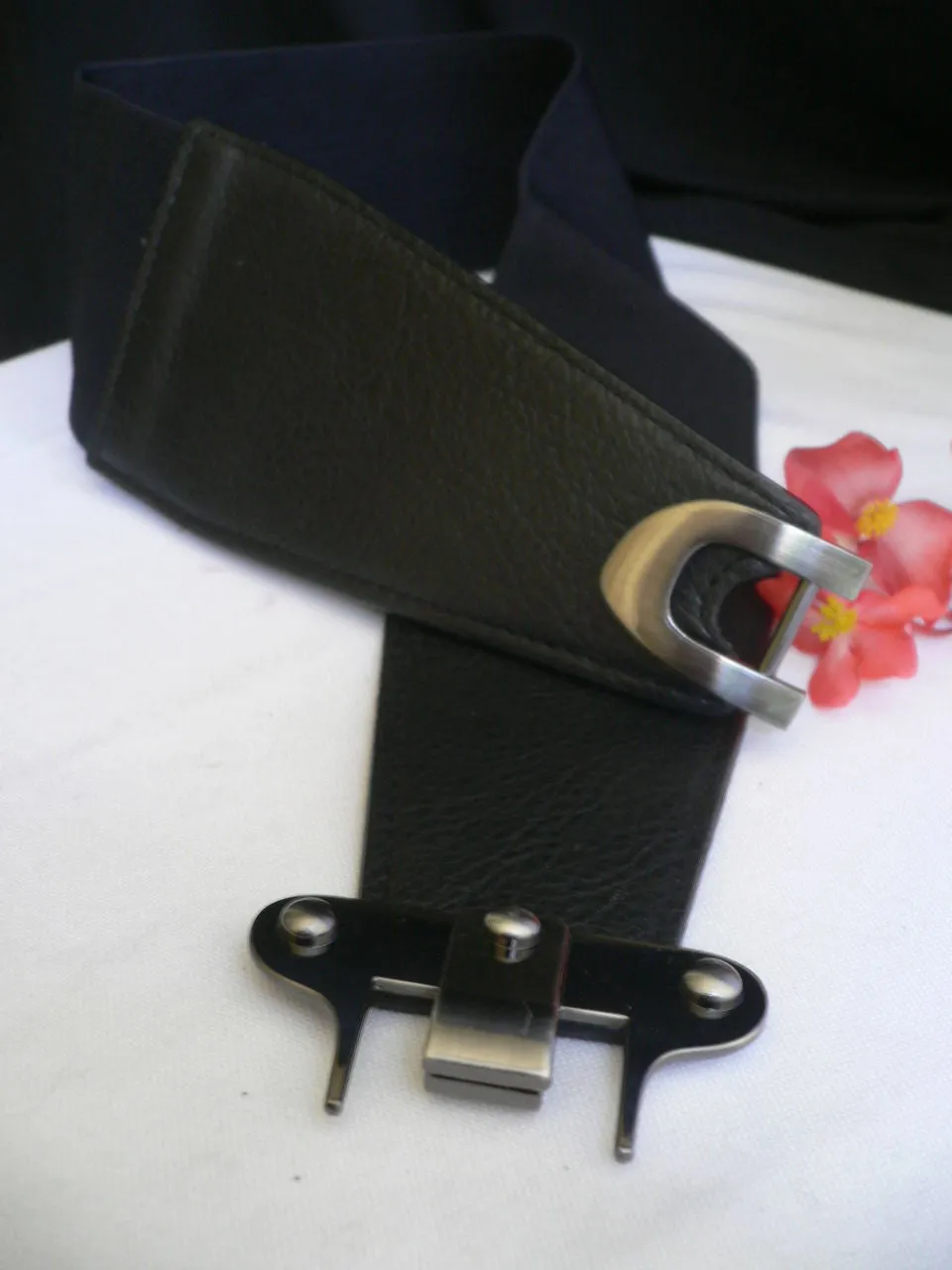 Red Black Gray Dark Brown Faux Leather Elastic Waist Hip Belt Silver Metal Hook Buckle S M