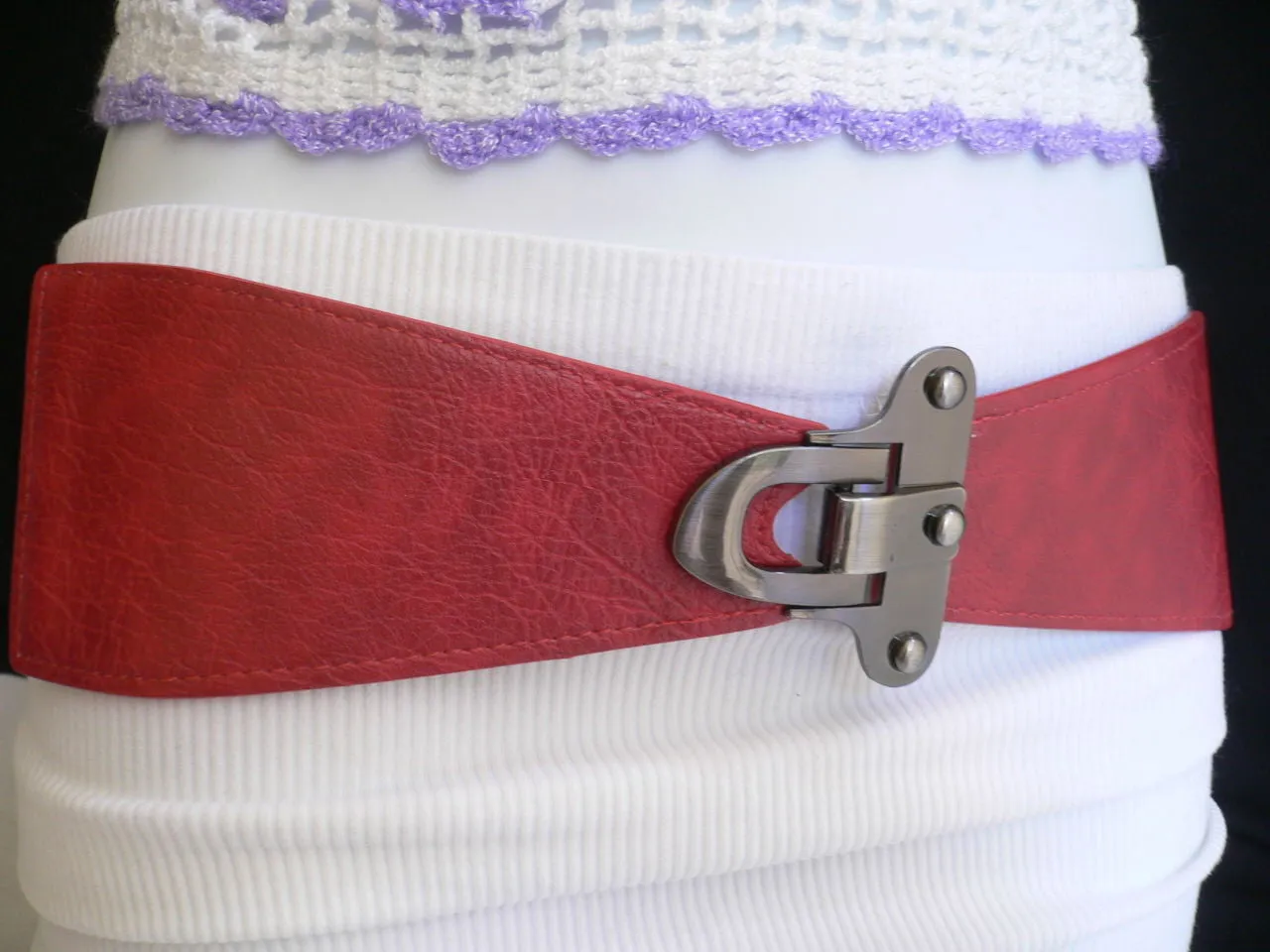Red Black Gray Dark Brown Faux Leather Elastic Waist Hip Belt Silver Metal Hook Buckle S M