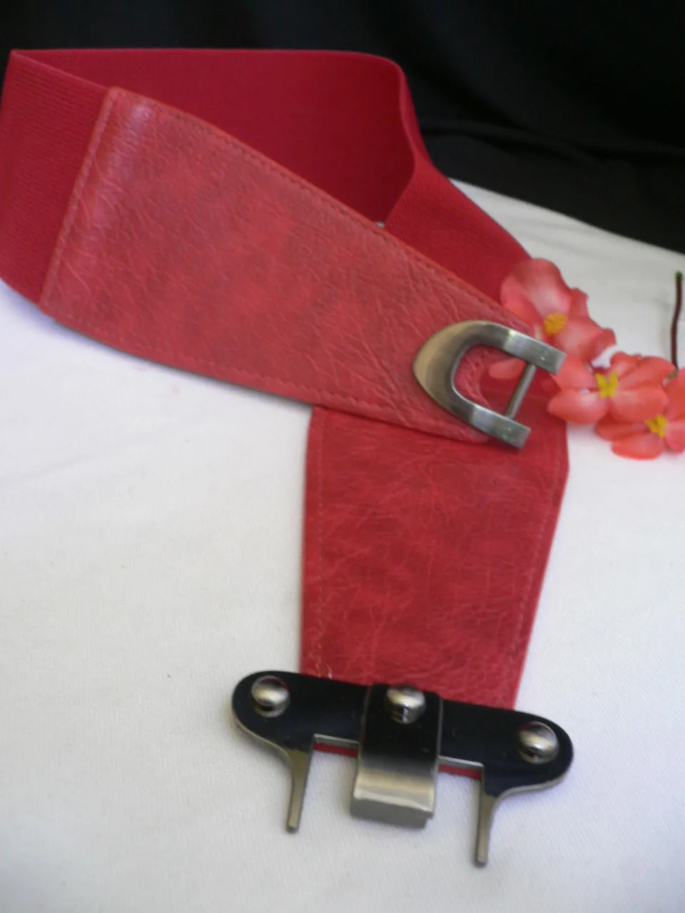 Red Black Gray Dark Brown Faux Leather Elastic Waist Hip Belt Silver Metal Hook Buckle S M