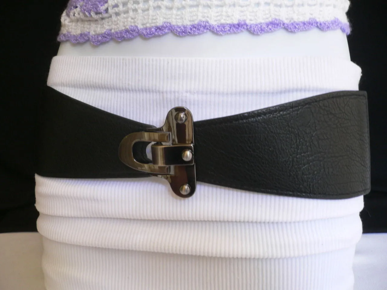 Red Black Gray Dark Brown Faux Leather Elastic Waist Hip Belt Silver Metal Hook Buckle S M