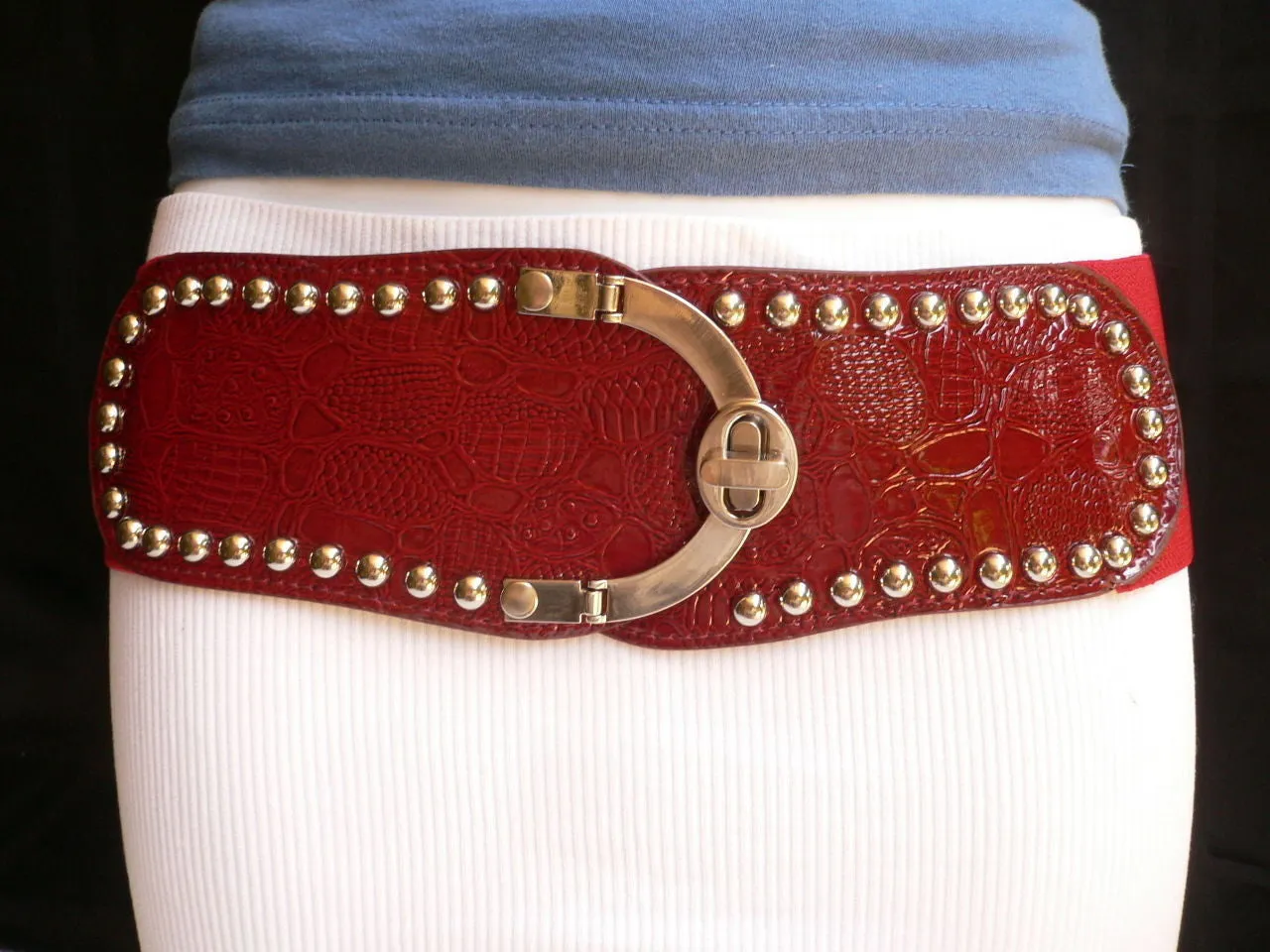 Red Faux Leather Stretch Back Crocodile Stamp Wide Belt Gold Metal Buckle XS-L