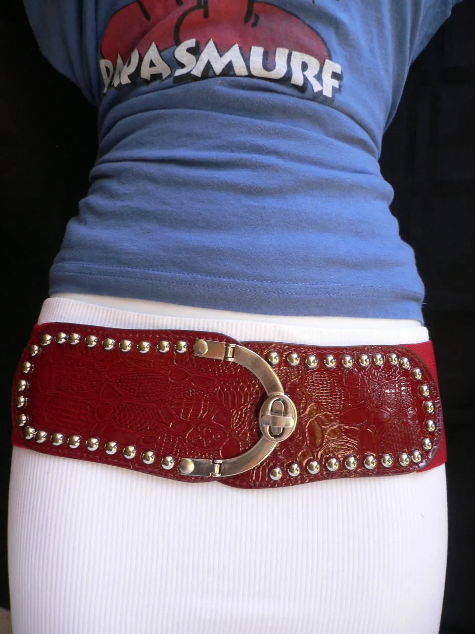 Red Faux Leather Stretch Back Crocodile Stamp Wide Belt Gold Metal Buckle XS-L