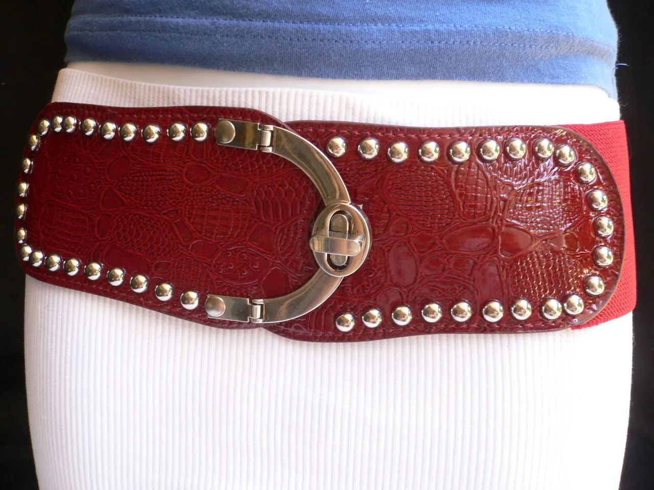 Red Faux Leather Stretch Back Crocodile Stamp Wide Belt Gold Metal Buckle XS-L
