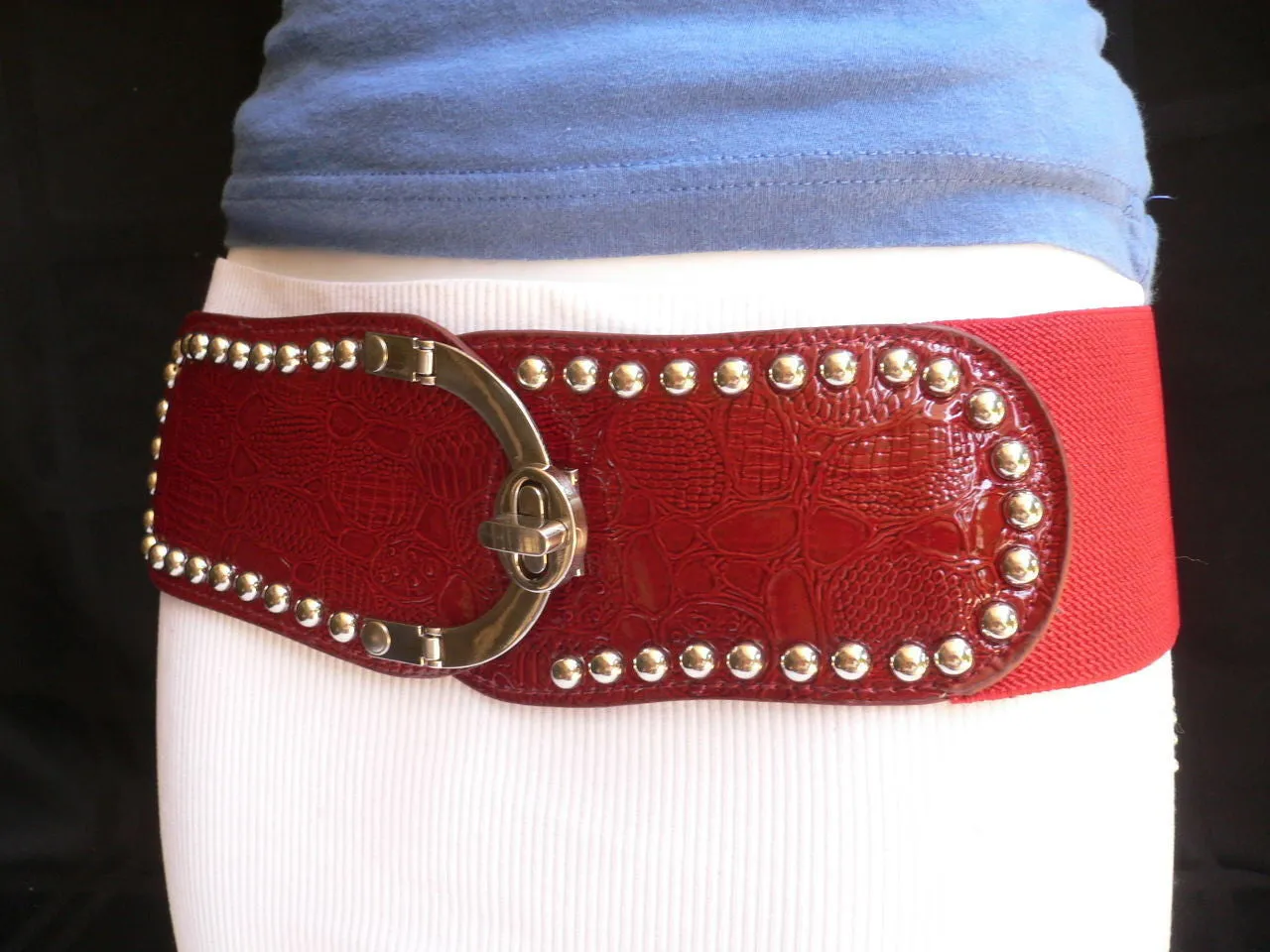 Red Faux Leather Stretch Back Crocodile Stamp Wide Belt Gold Metal Buckle XS-L