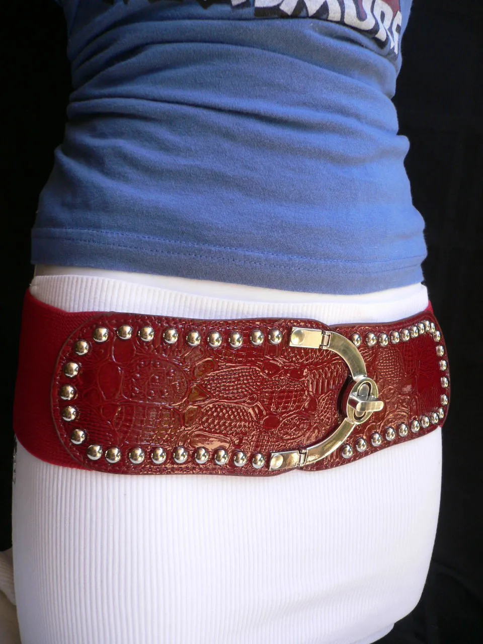 Red Faux Leather Stretch Back Crocodile Stamp Wide Belt Gold Metal Buckle XS-L
