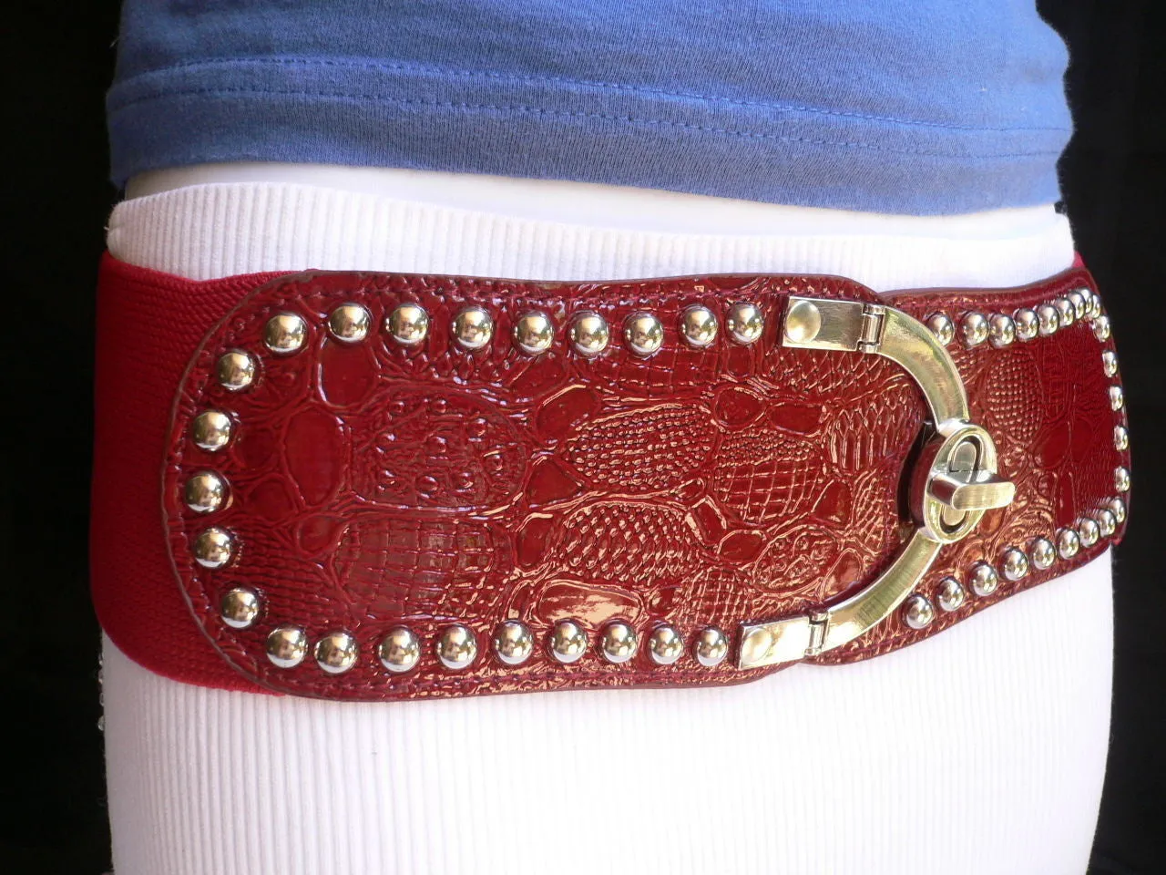 Red Faux Leather Stretch Back Crocodile Stamp Wide Belt Gold Metal Buckle XS-L