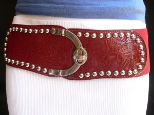 Red Faux Leather Stretch Back Crocodile Stamp Wide Belt Gold Metal Buckle XS-L