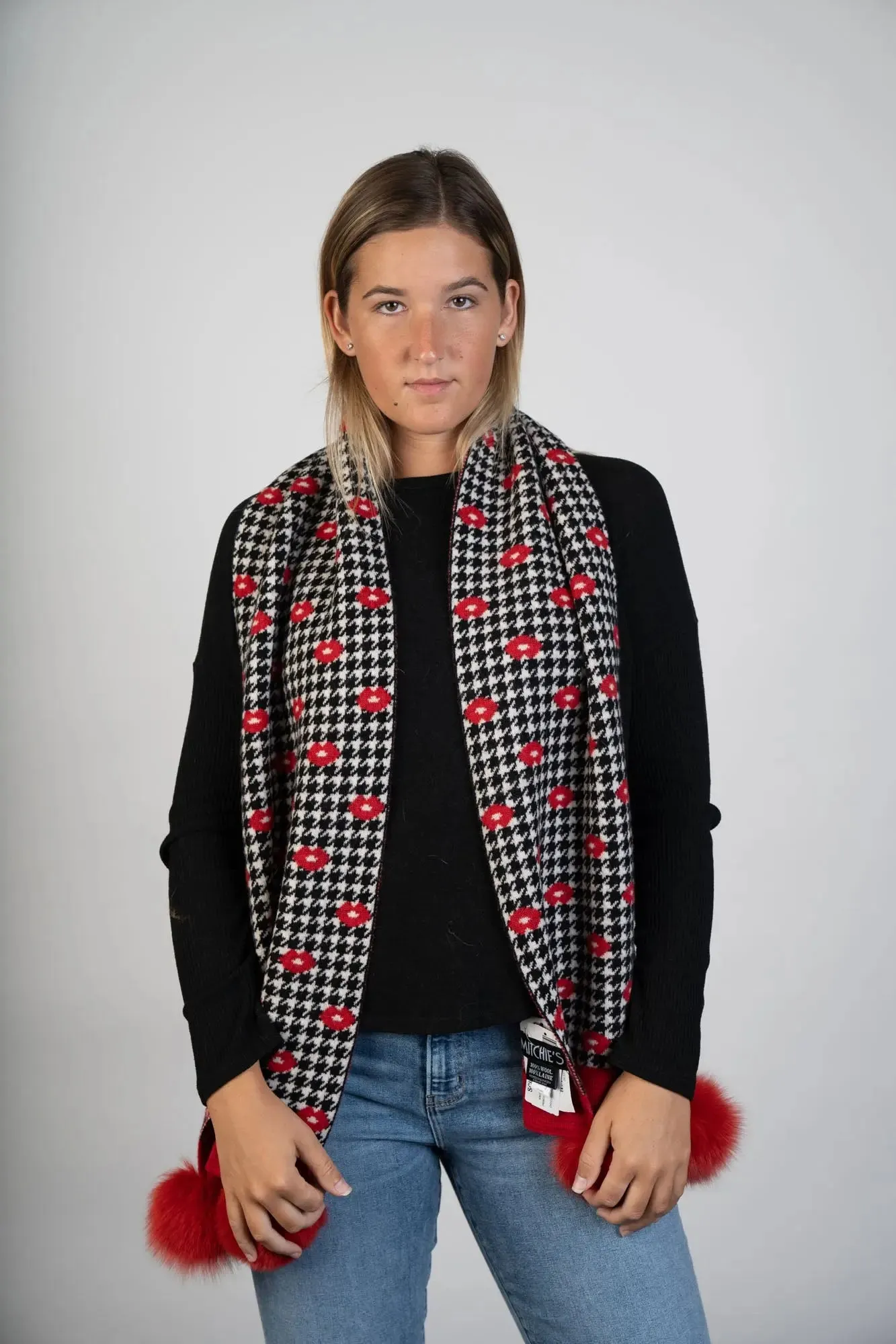 Red Lips Knitted Scarf with PomPoms