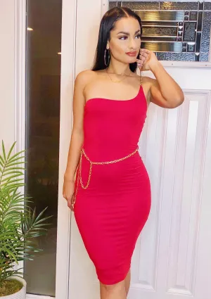 Red One Shoulder Chain Midi Dress