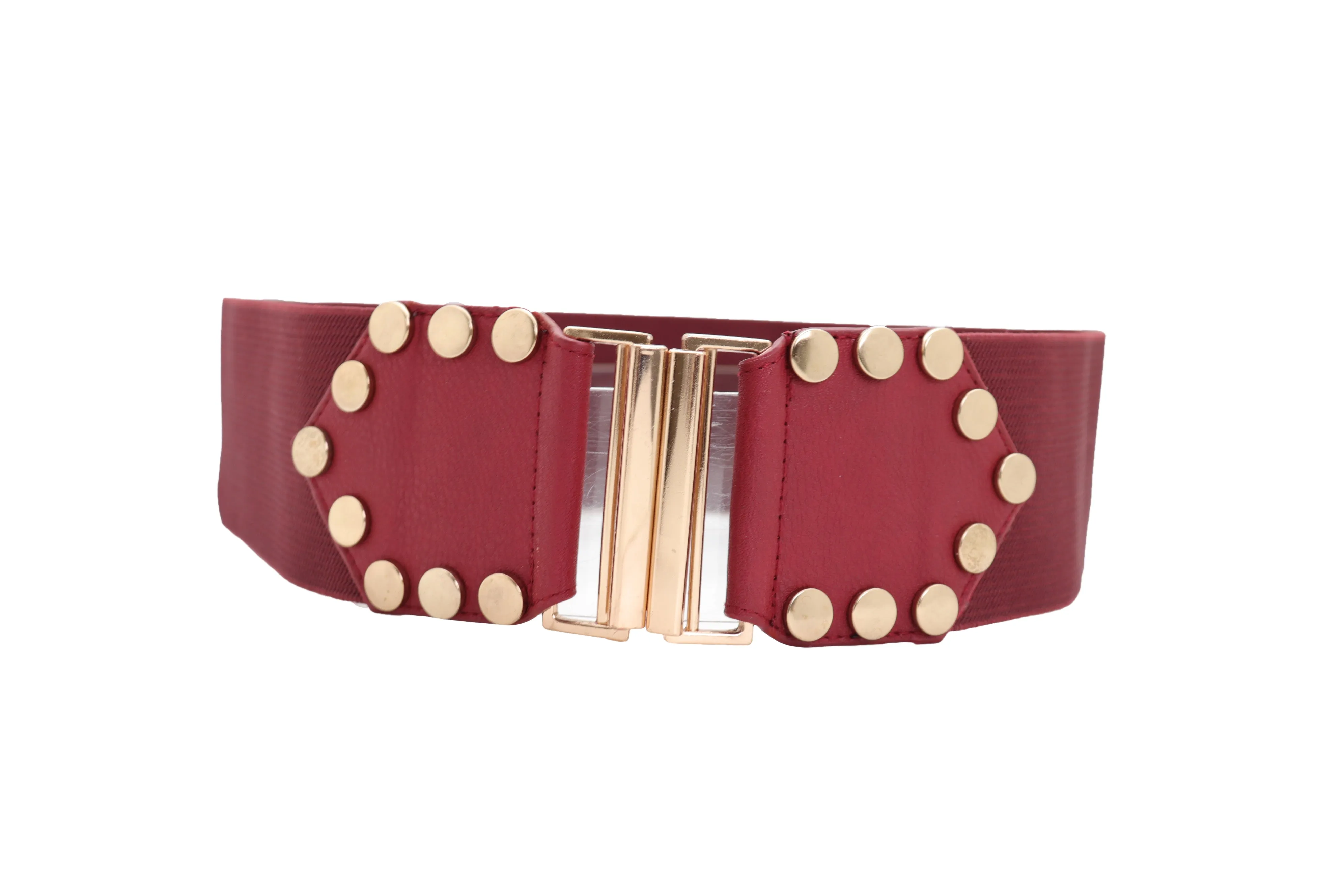 Red Wide Elastic Waistband Fashion Belt Gold Metal Buckle Studs Size S M
