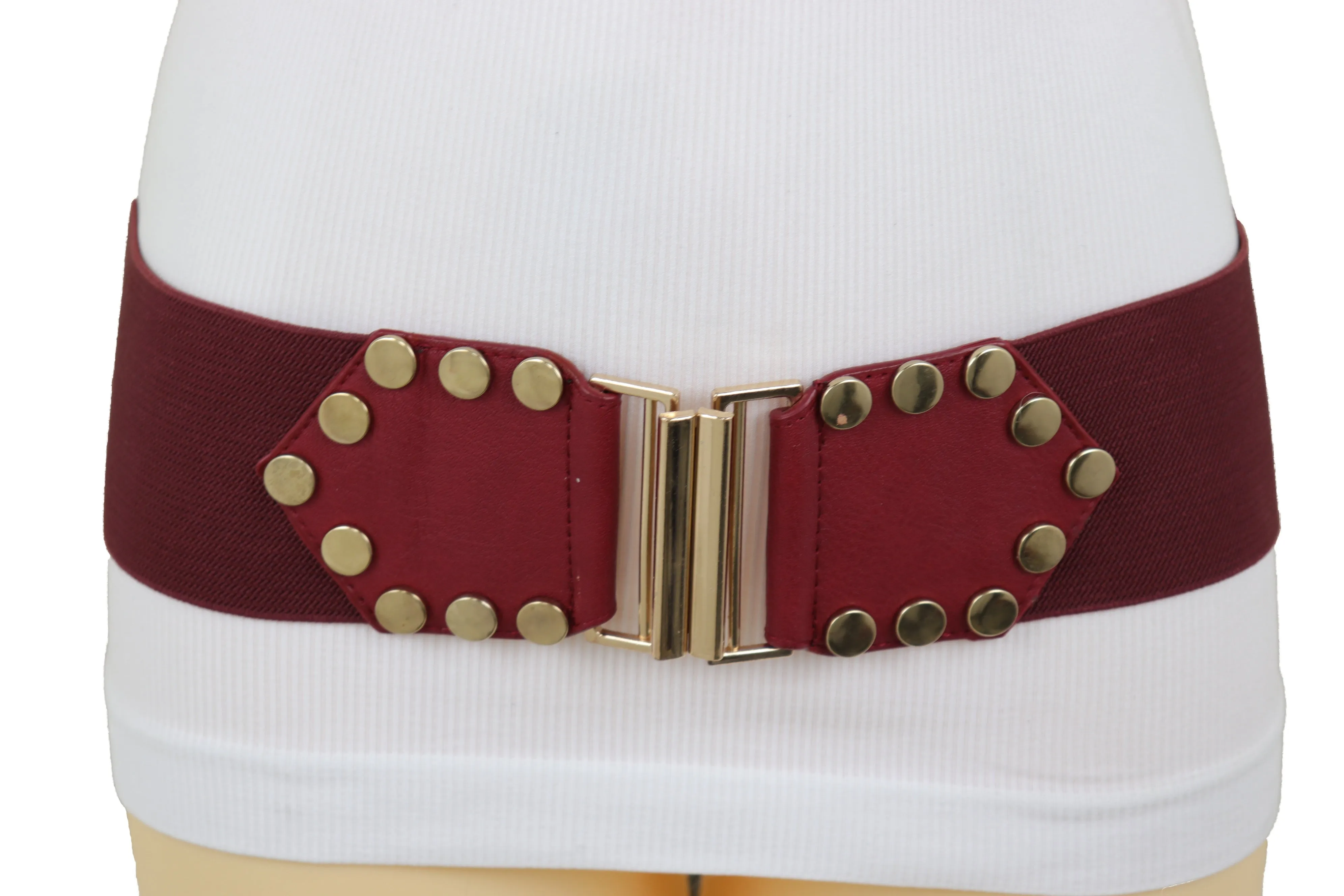 Red Wide Elastic Waistband Fashion Belt Gold Metal Buckle Studs Size S M