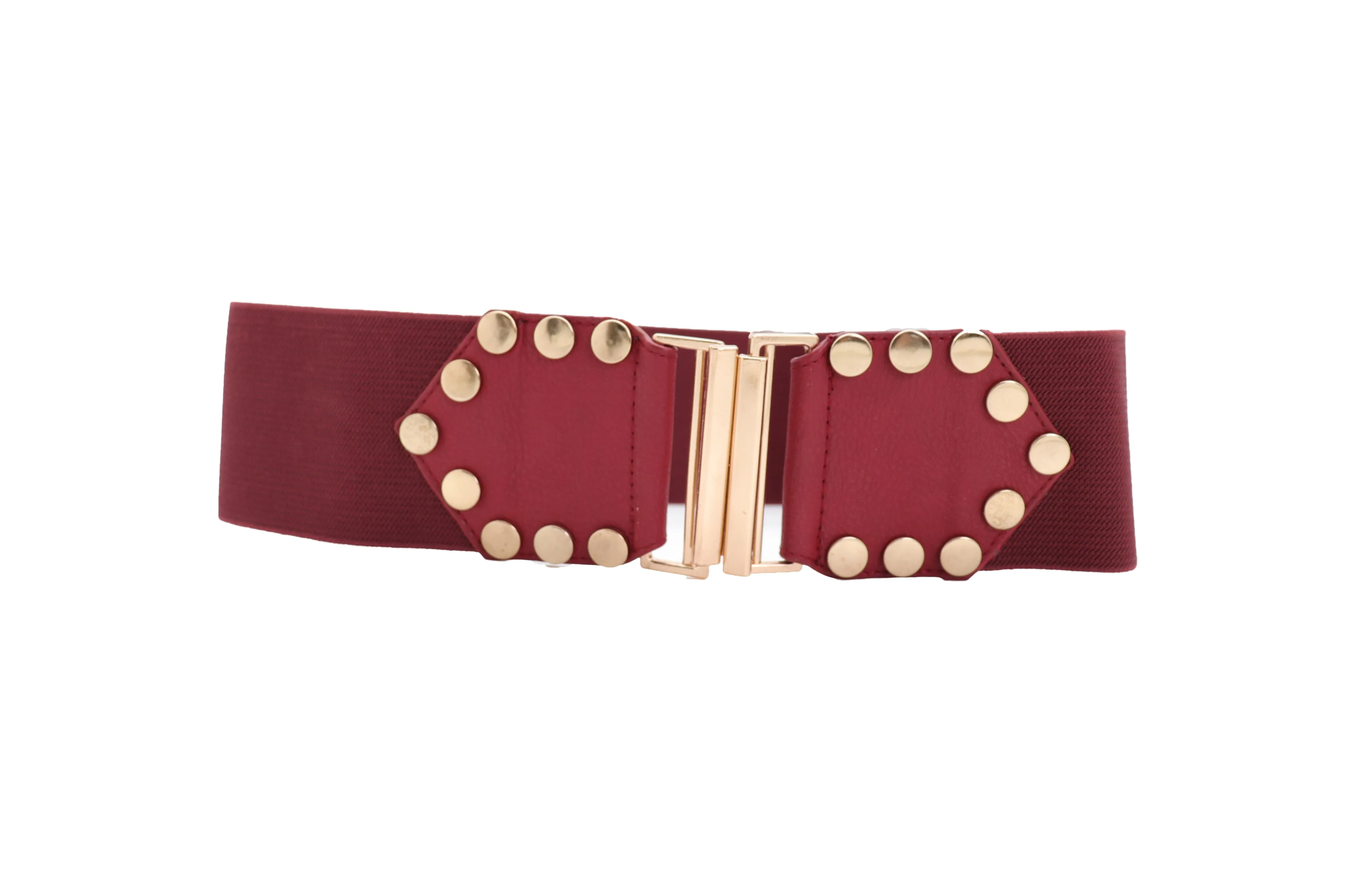 Red Wide Elastic Waistband Fashion Belt Gold Metal Buckle Studs Size S M