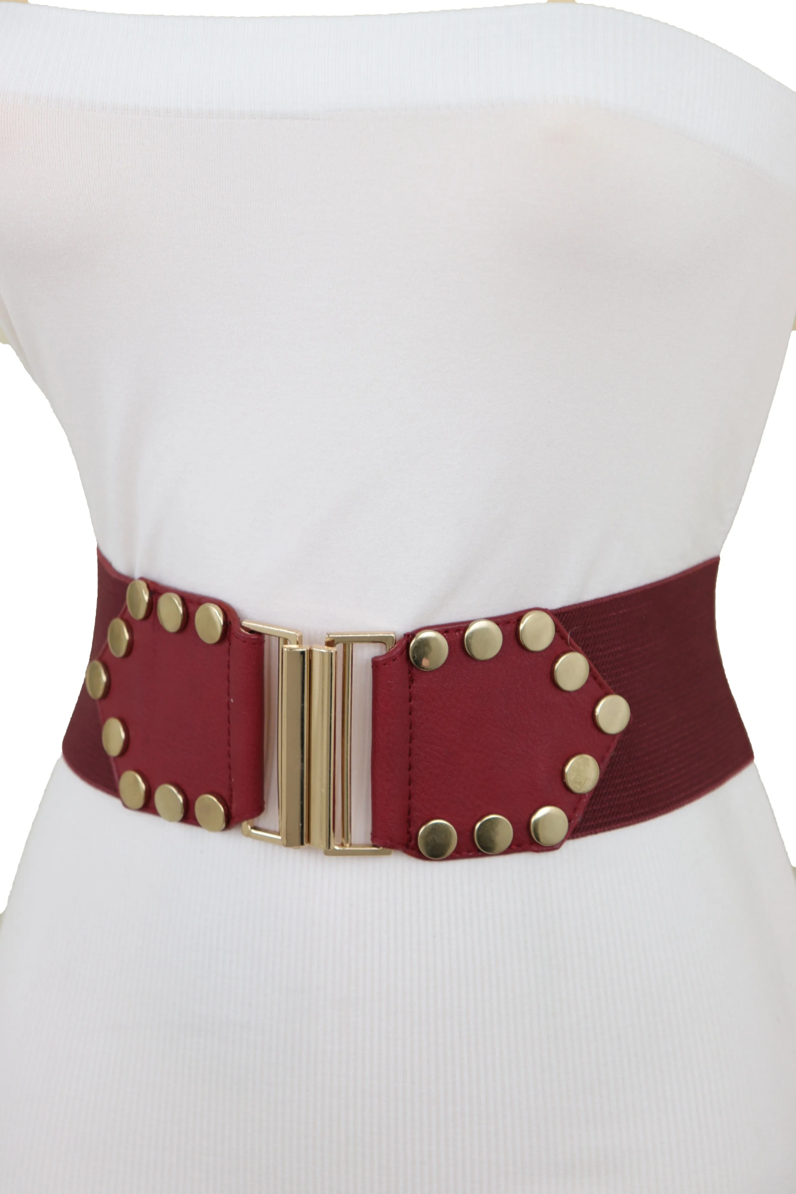 Red Wide Elastic Waistband Fashion Belt Gold Metal Buckle Studs Size S M