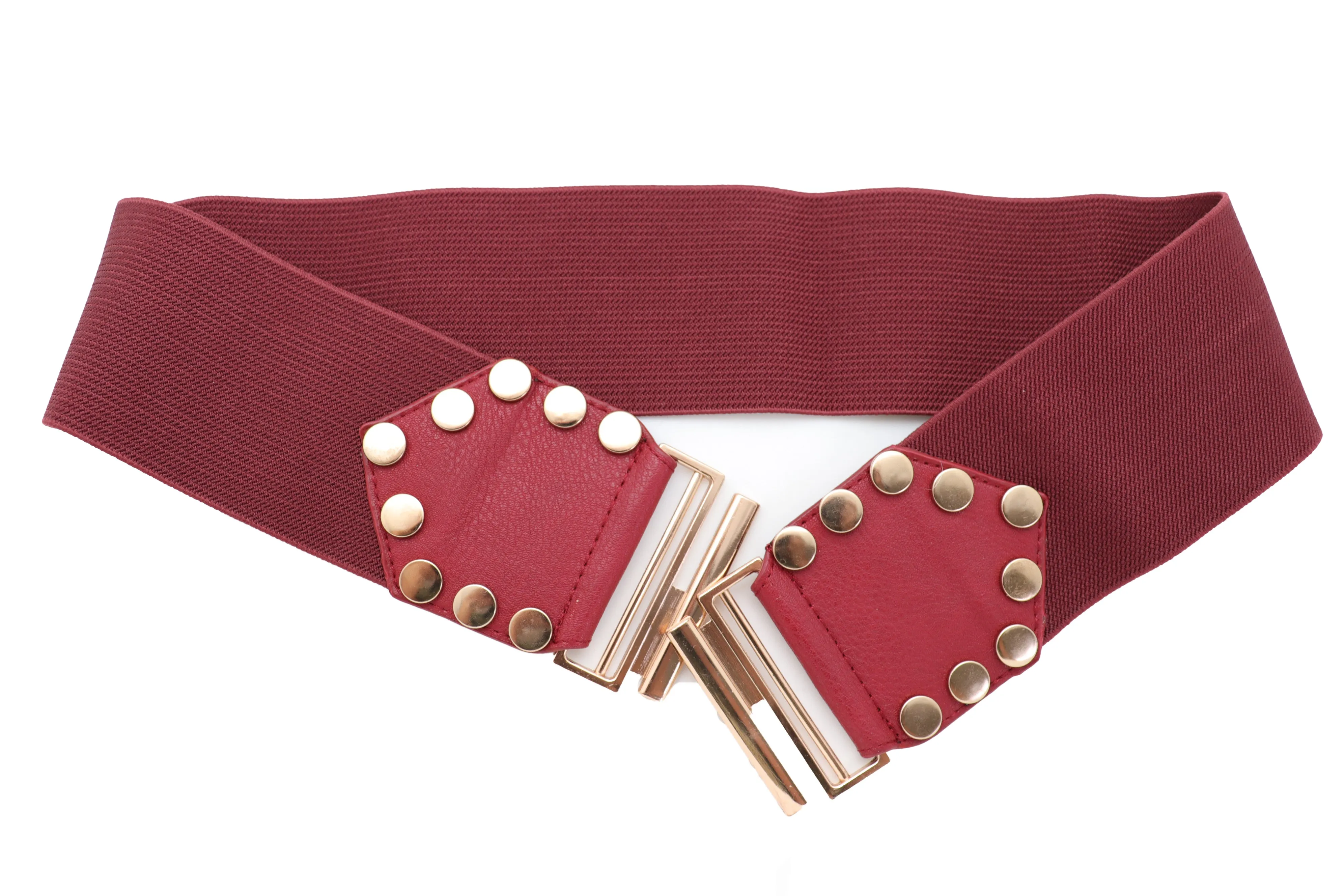 Red Wide Elastic Waistband Fashion Belt Gold Metal Buckle Studs Size S M