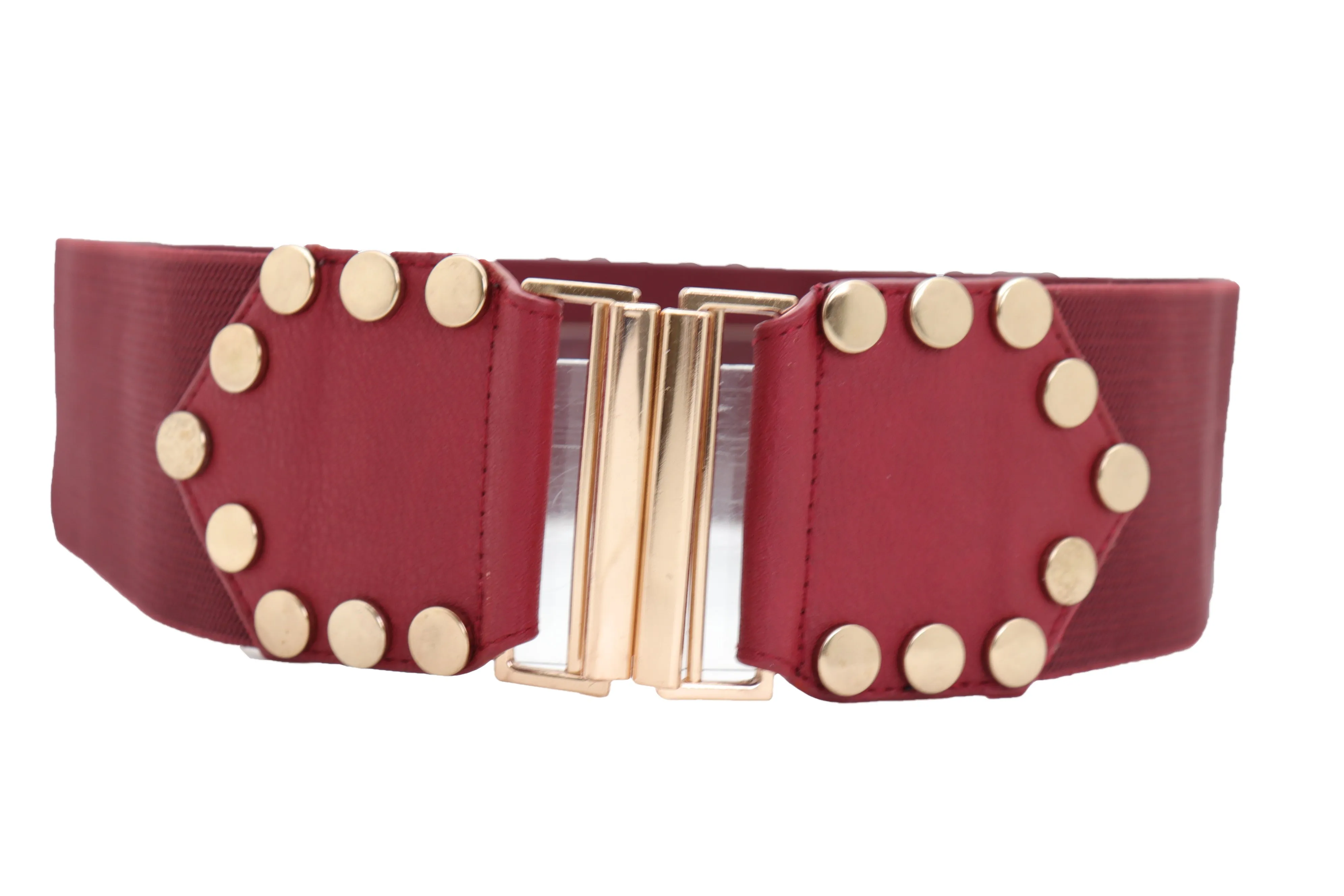 Red Wide Elastic Waistband Fashion Belt Gold Metal Buckle Studs Size S M