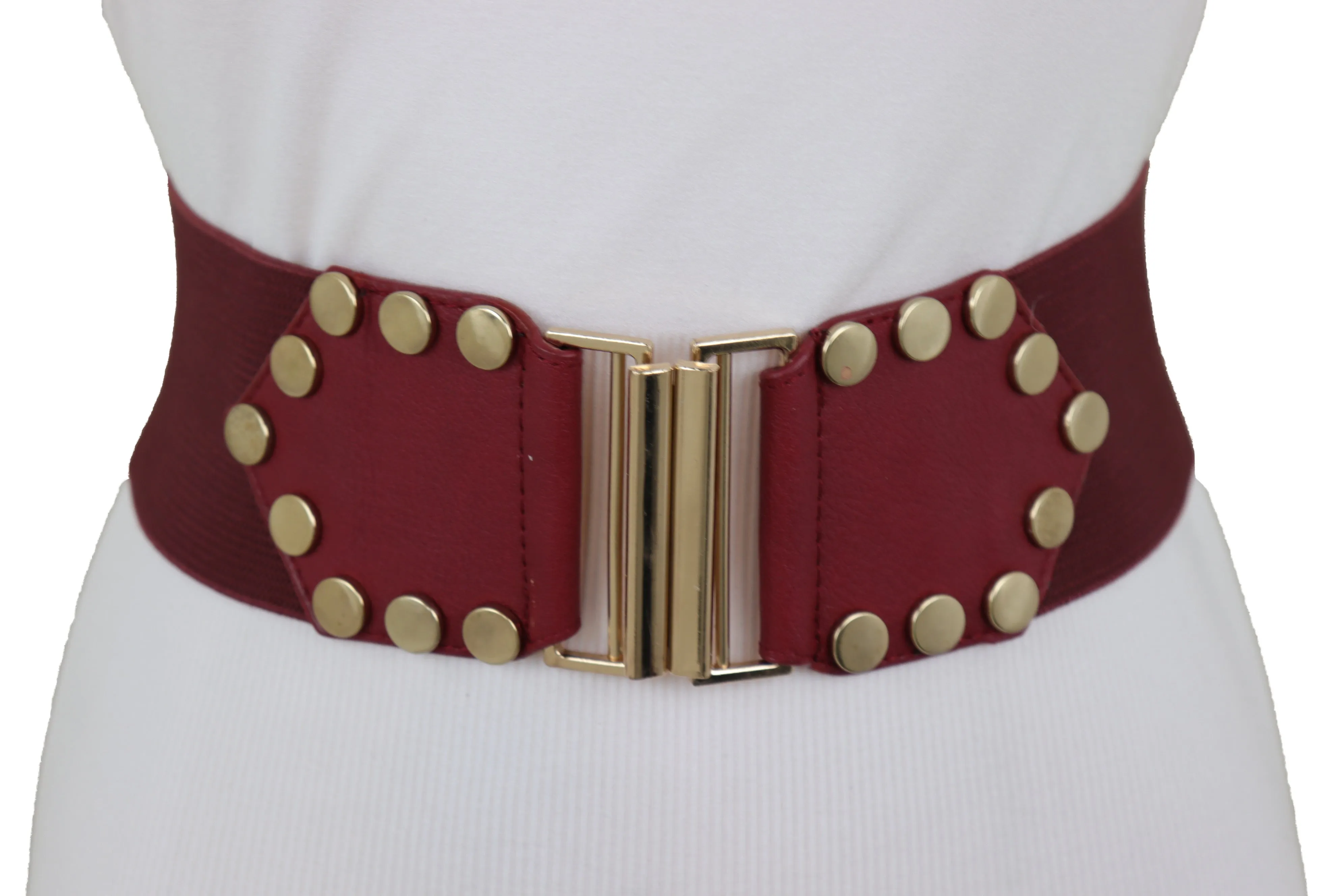 Red Wide Elastic Waistband Fashion Belt Gold Metal Buckle Studs Size S M