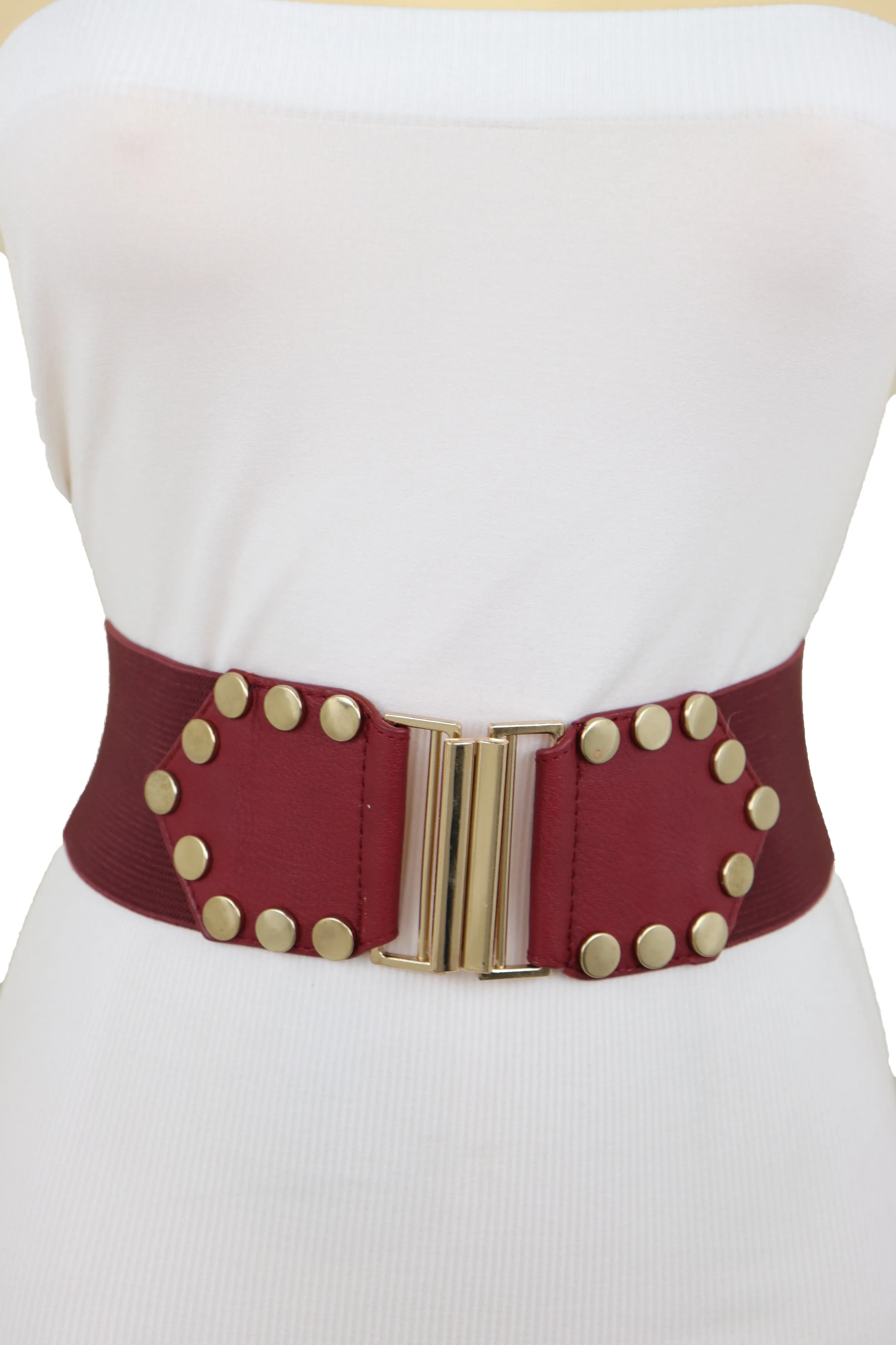 Red Wide Elastic Waistband Fashion Belt Gold Metal Buckle Studs Size S M