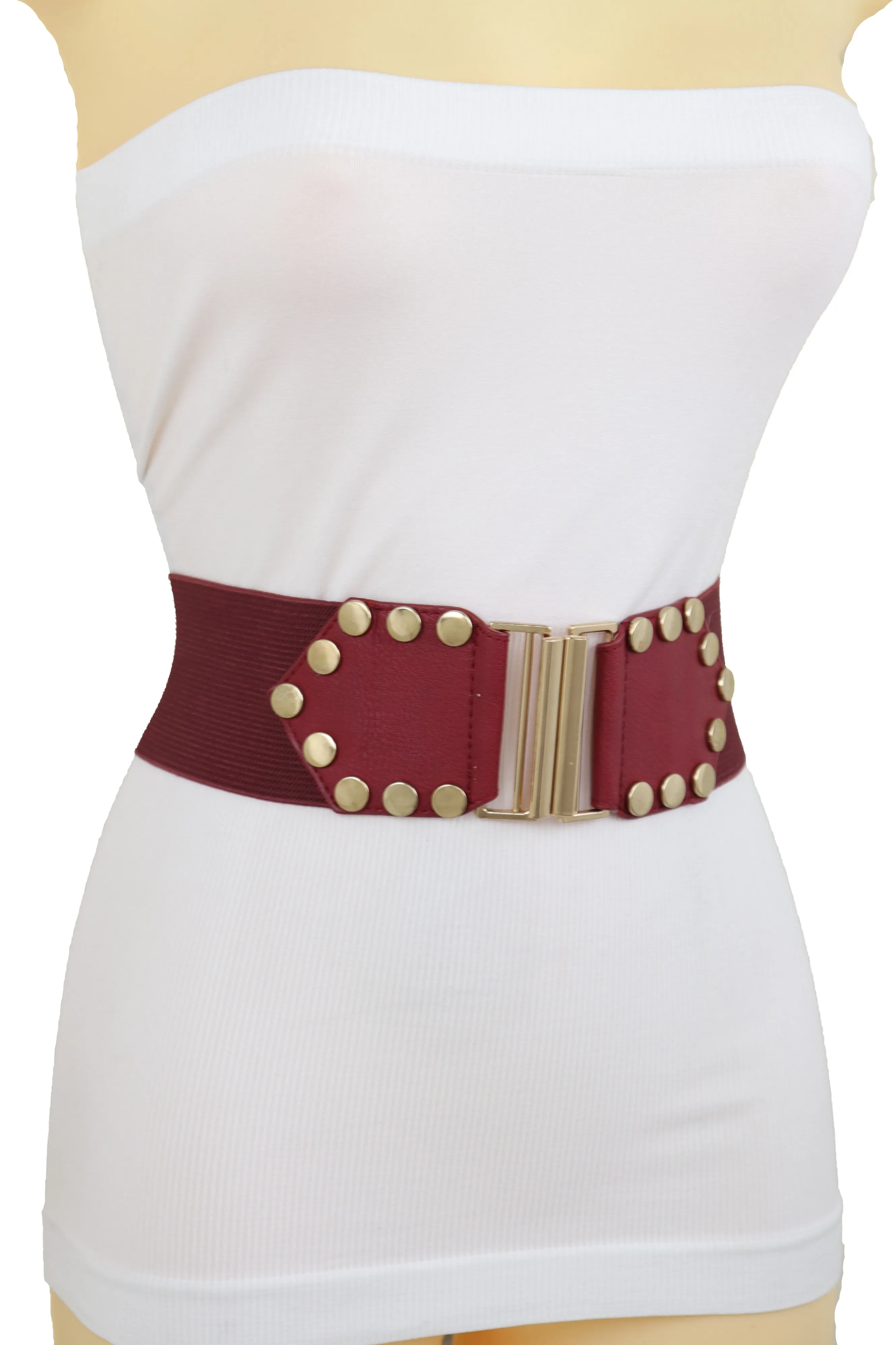 Red Wide Elastic Waistband Fashion Belt Gold Metal Buckle Studs Size S M