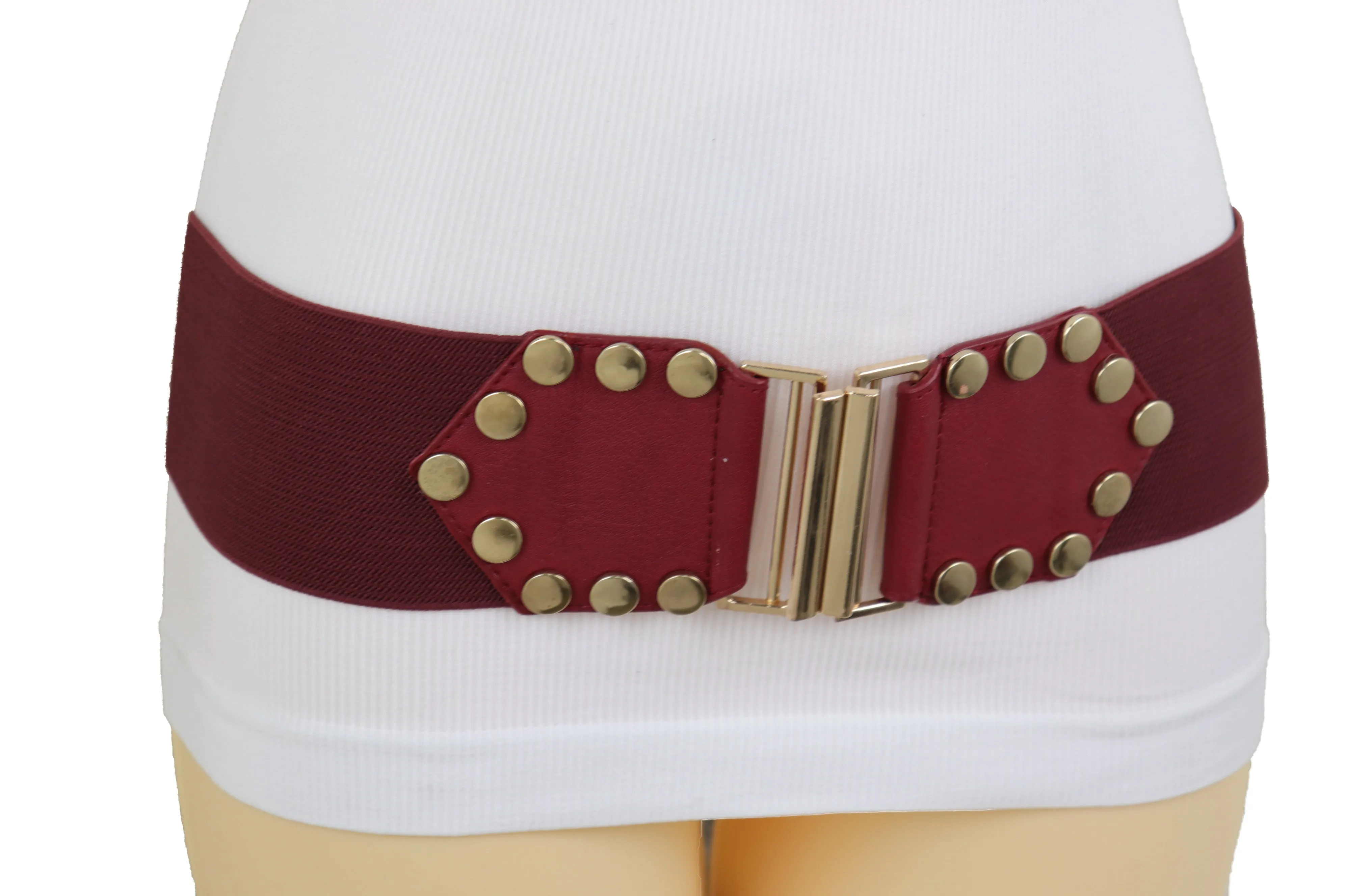 Red Wide Elastic Waistband Fashion Belt Gold Metal Buckle Studs Size S M