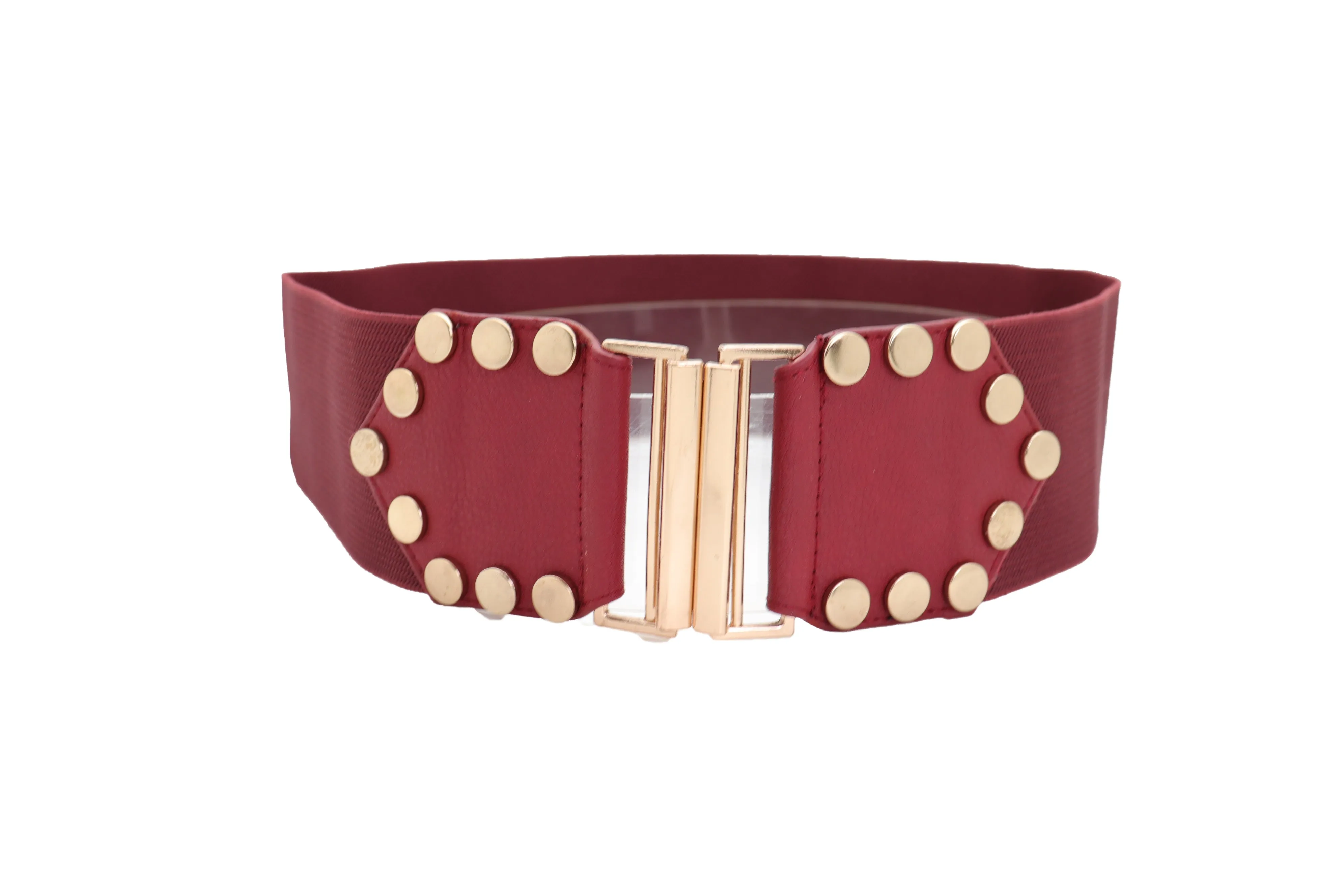 Red Wide Elastic Waistband Fashion Belt Gold Metal Buckle Studs Size S M