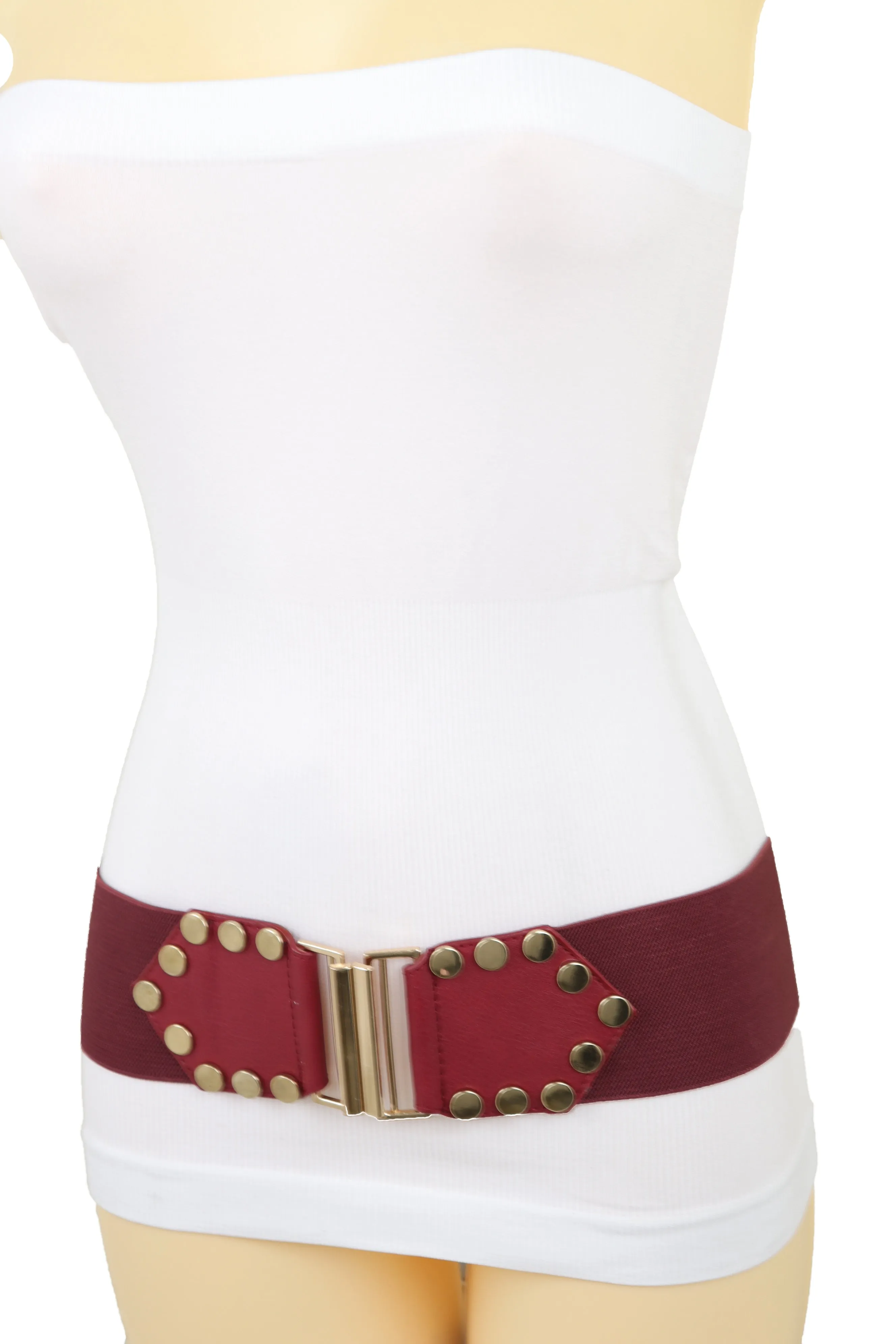 Red Wide Elastic Waistband Fashion Belt Gold Metal Buckle Studs Size S M