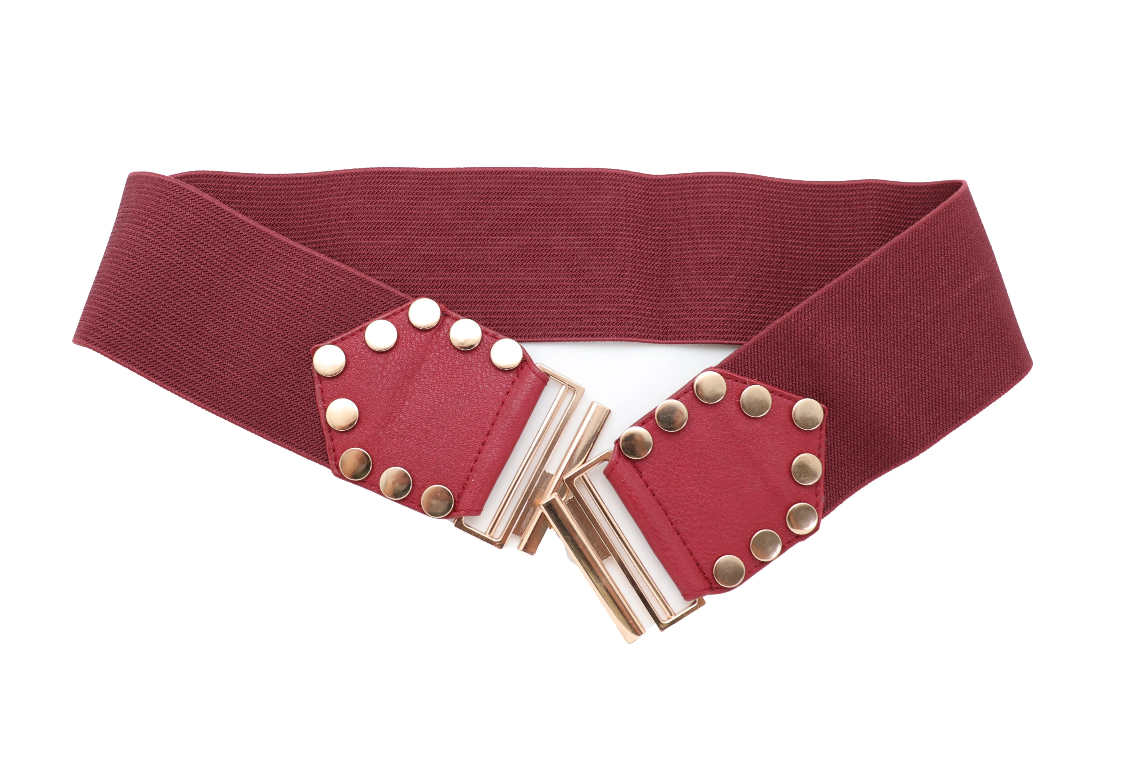 Red Wide Elastic Waistband Fashion Belt Gold Metal Buckle Studs Size S M