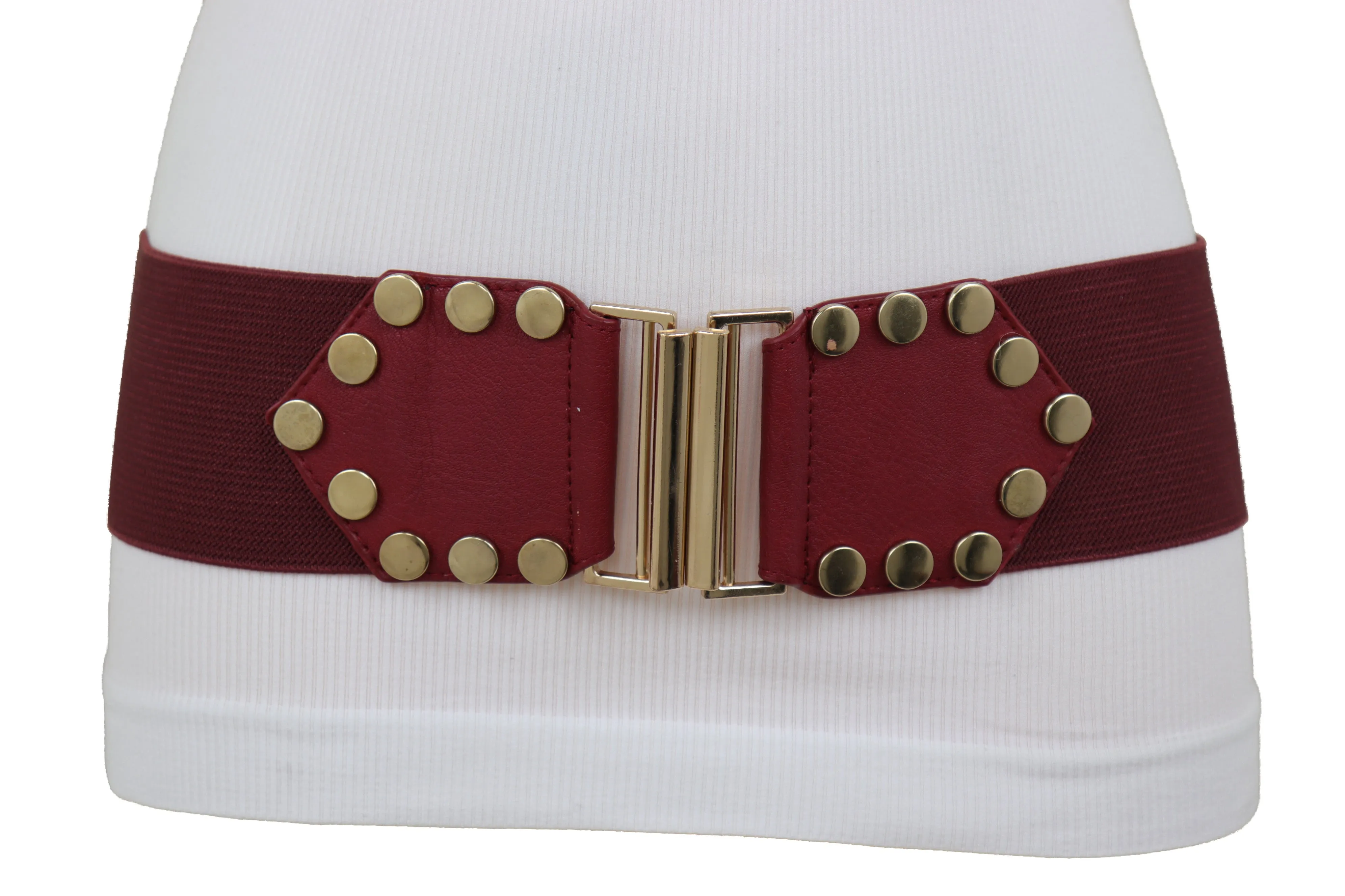 Red Wide Elastic Waistband Fashion Belt Gold Metal Buckle Studs Size S M