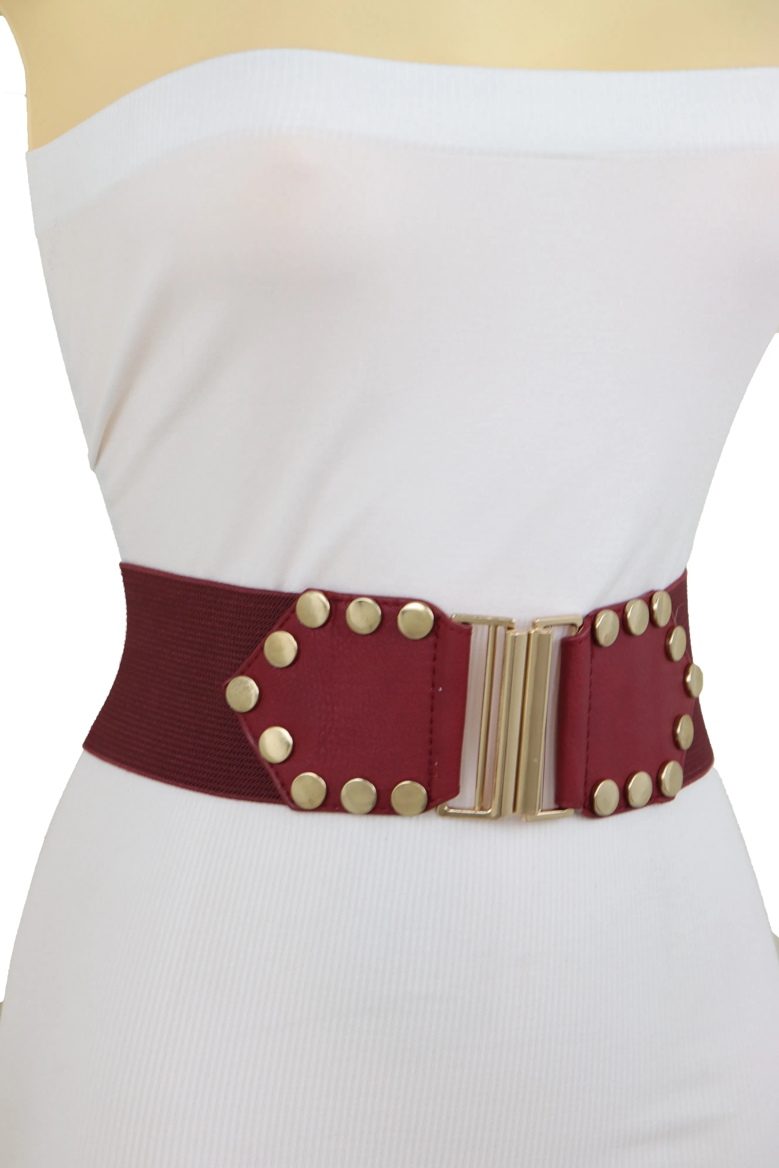 Red Wide Elastic Waistband Fashion Belt Gold Metal Buckle Studs Size S M