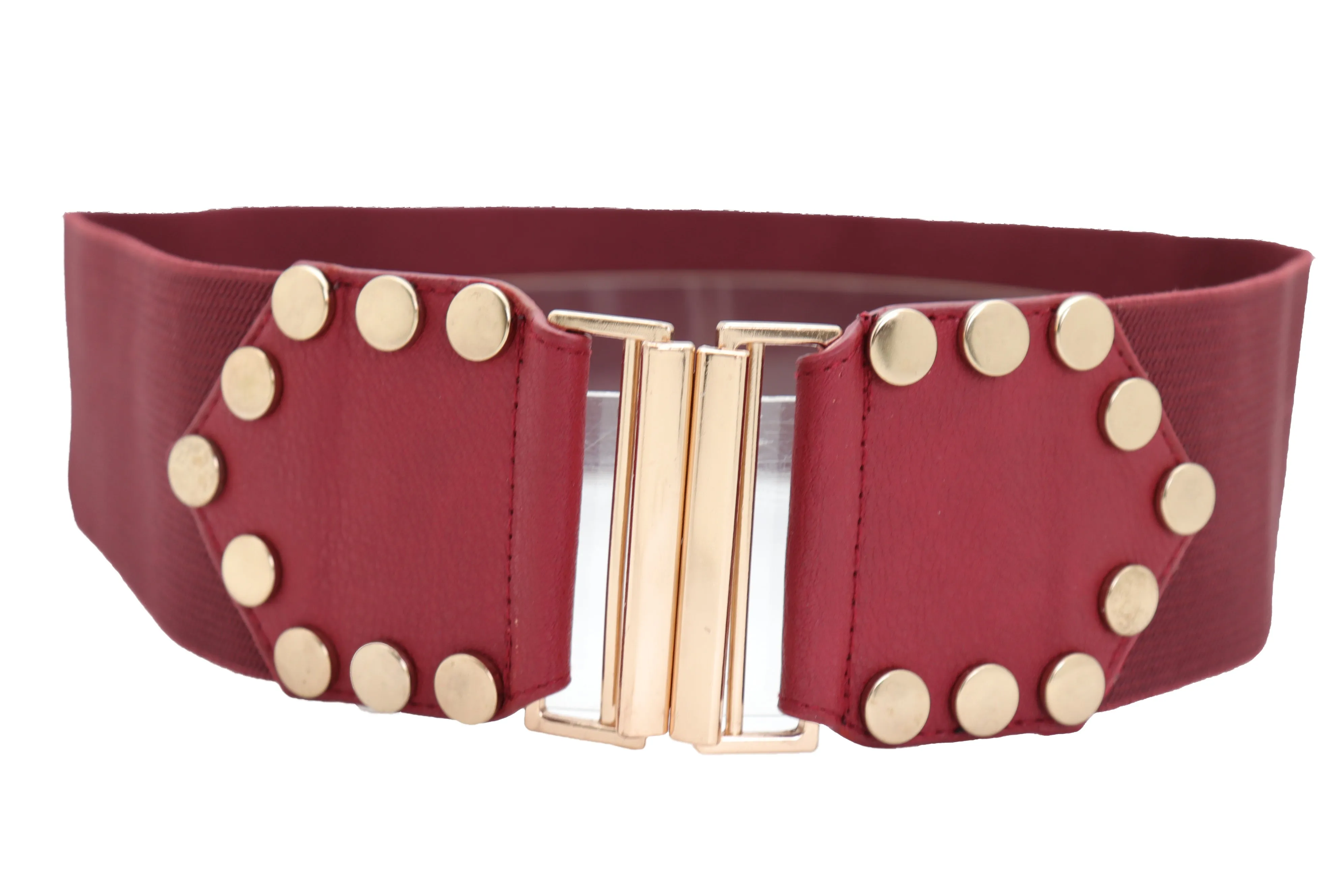 Red Wide Elastic Waistband Fashion Belt Gold Metal Buckle Studs Size S M