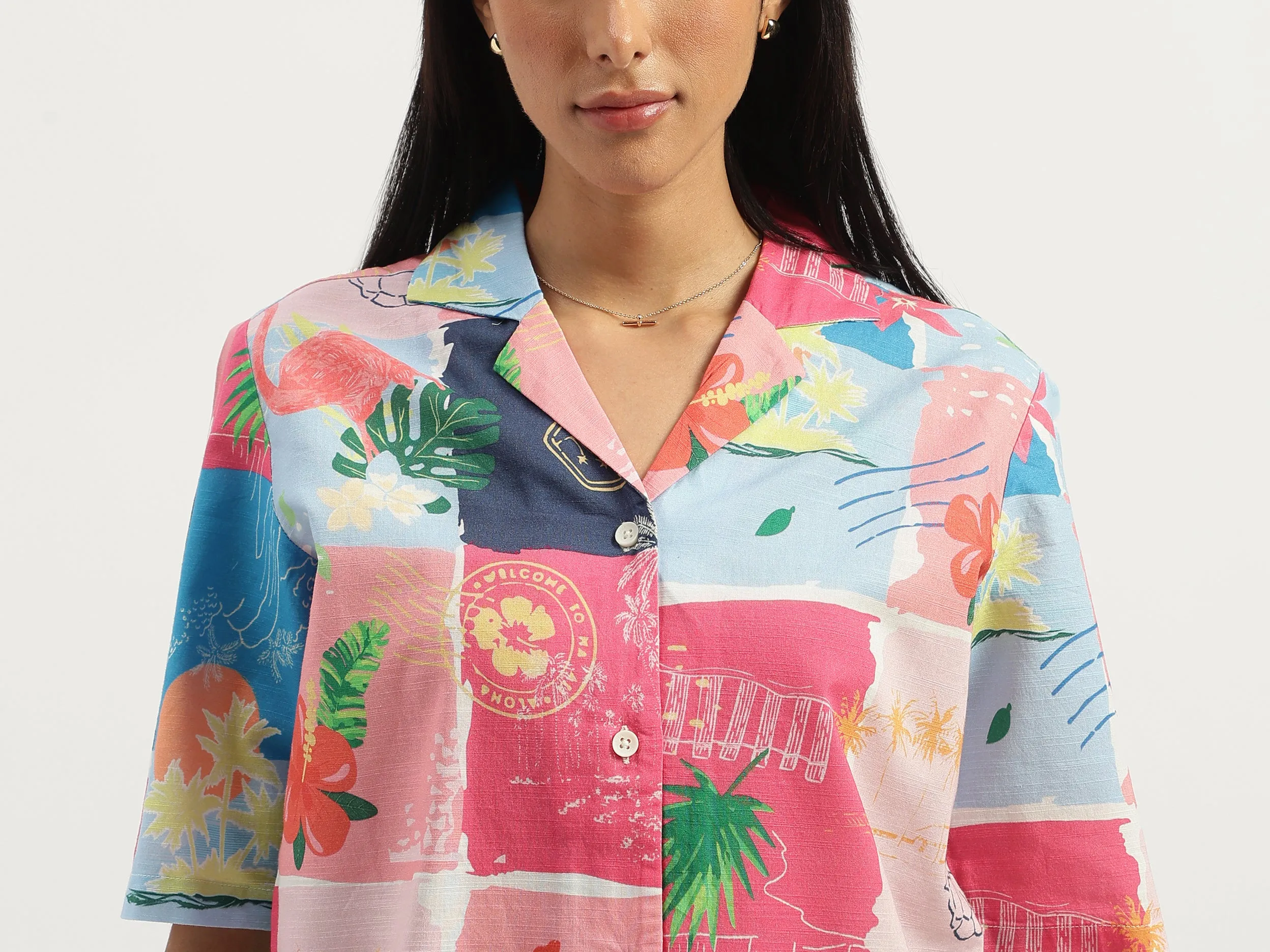 Resort Collar Scarf Print Shirt