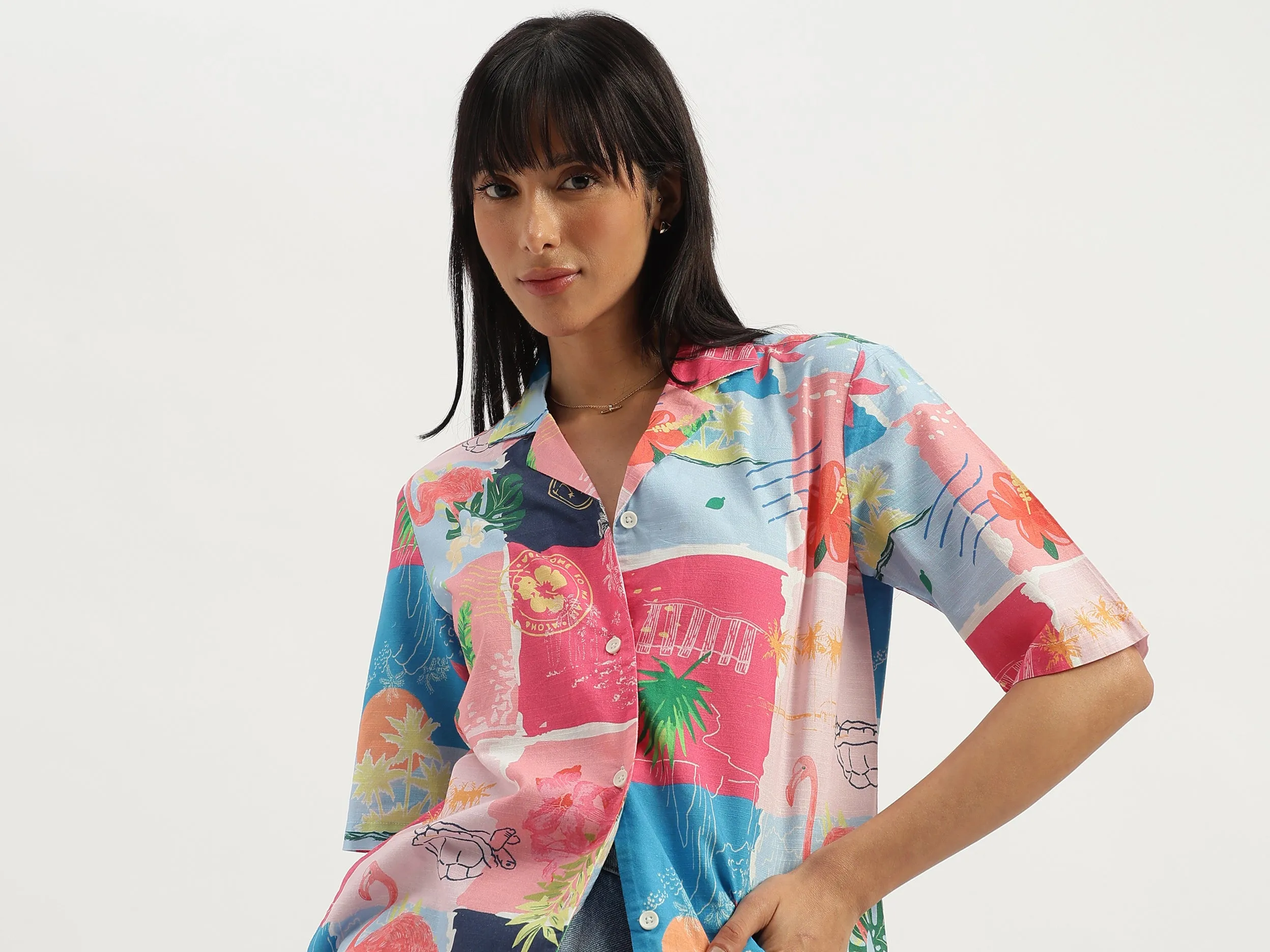 Resort Collar Scarf Print Shirt