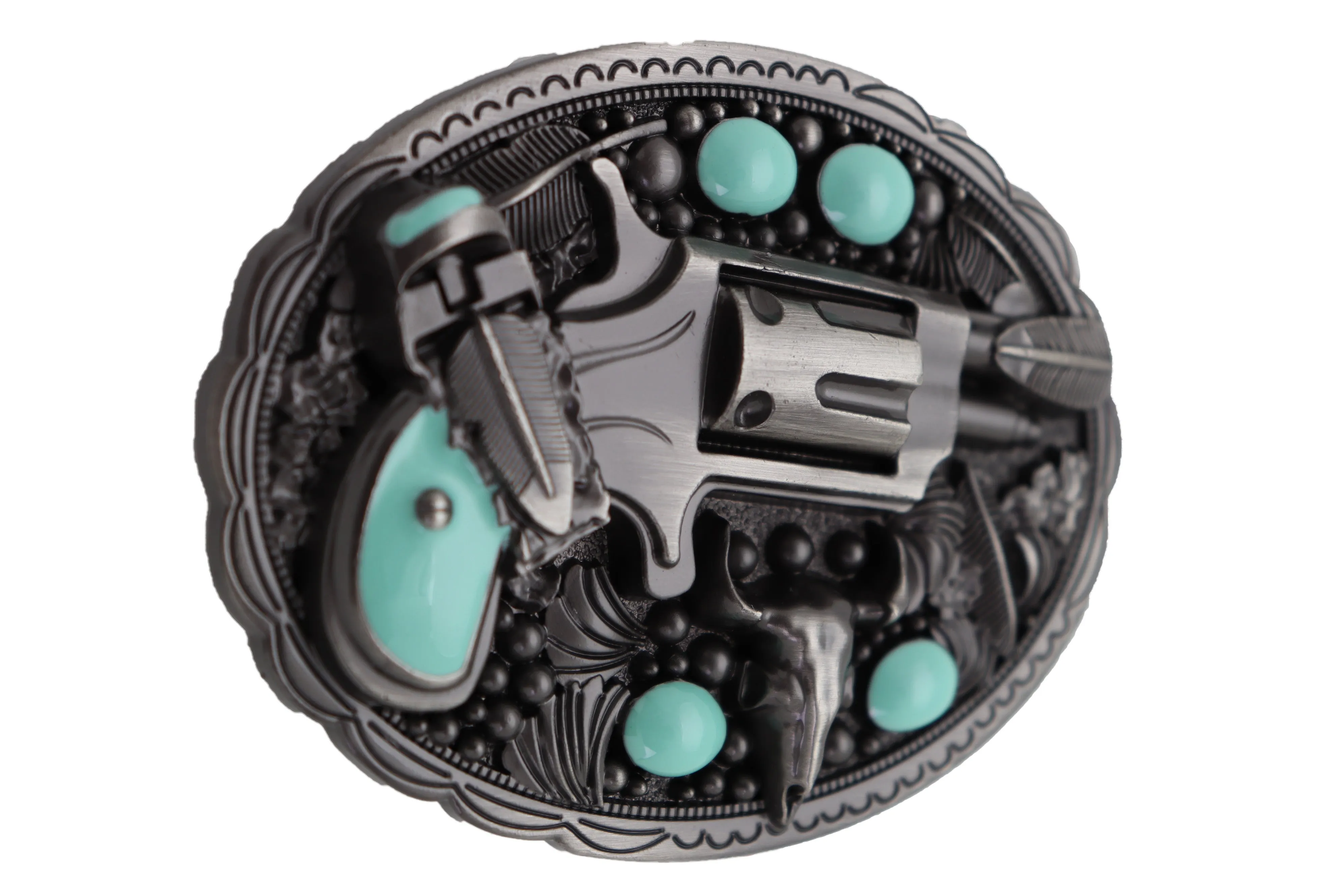 Revolver Gun & Turquoise Beads Oval Shaped Belt Buckle