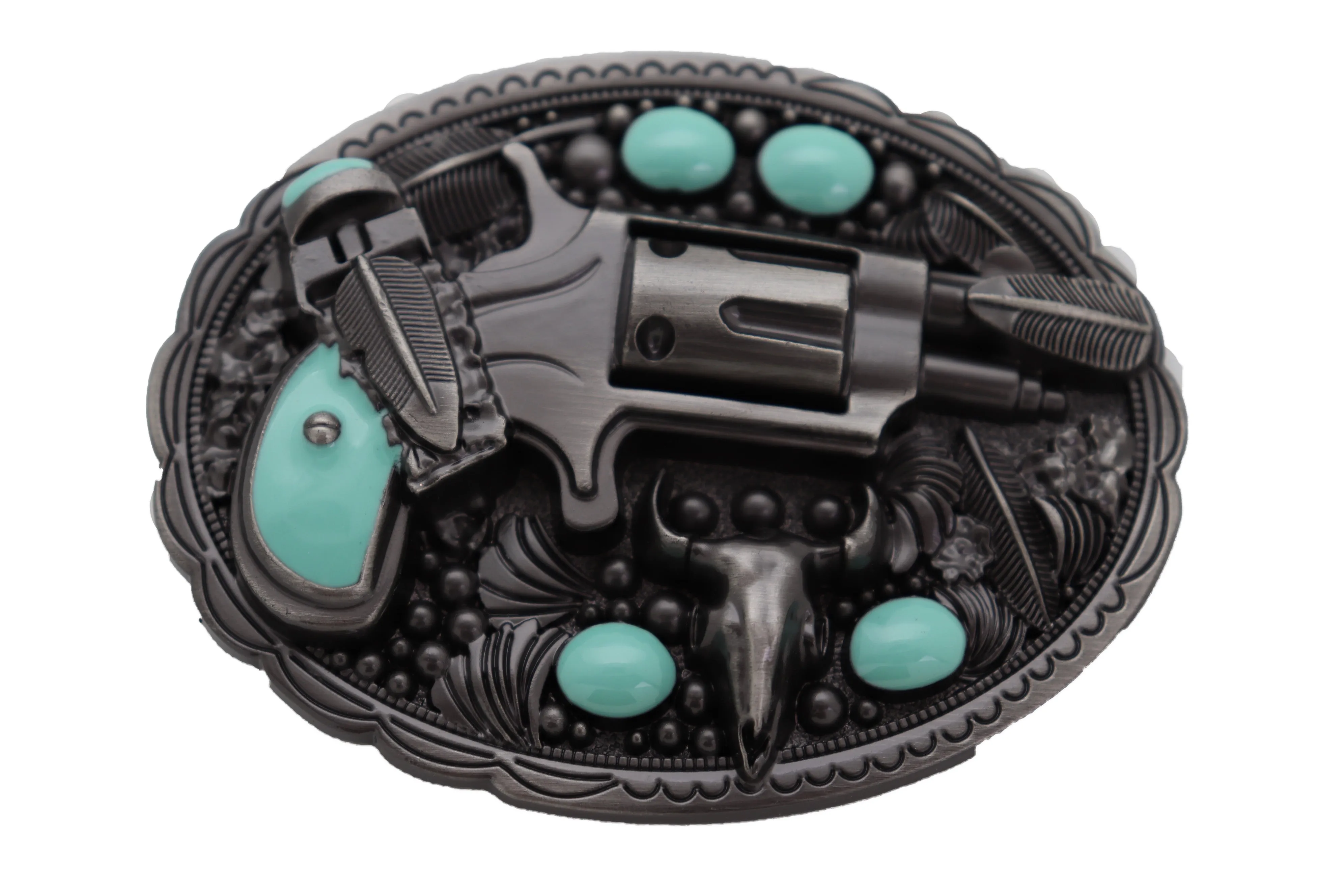 Revolver Gun & Turquoise Beads Oval Shaped Belt Buckle
