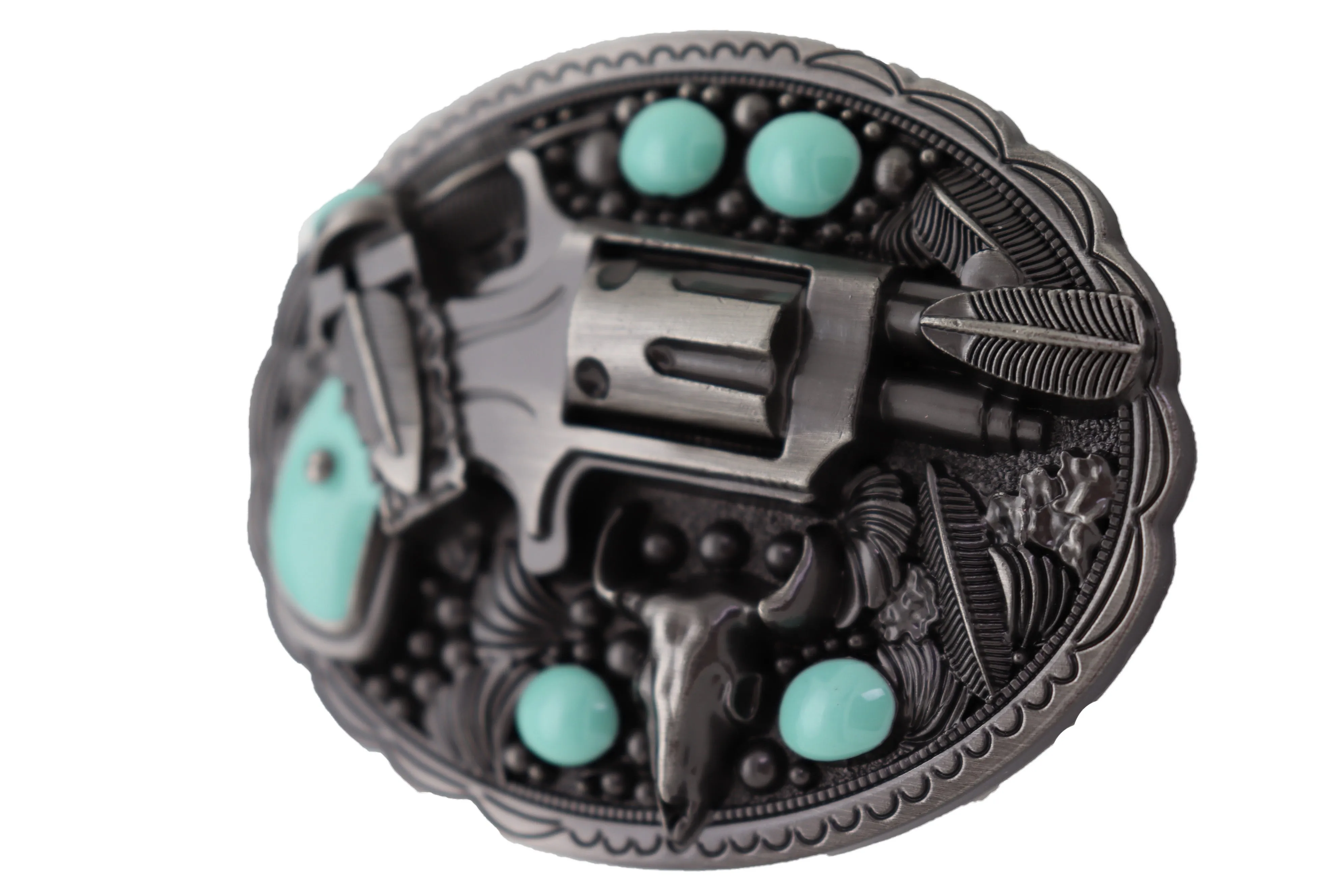 Revolver Gun & Turquoise Beads Oval Shaped Belt Buckle