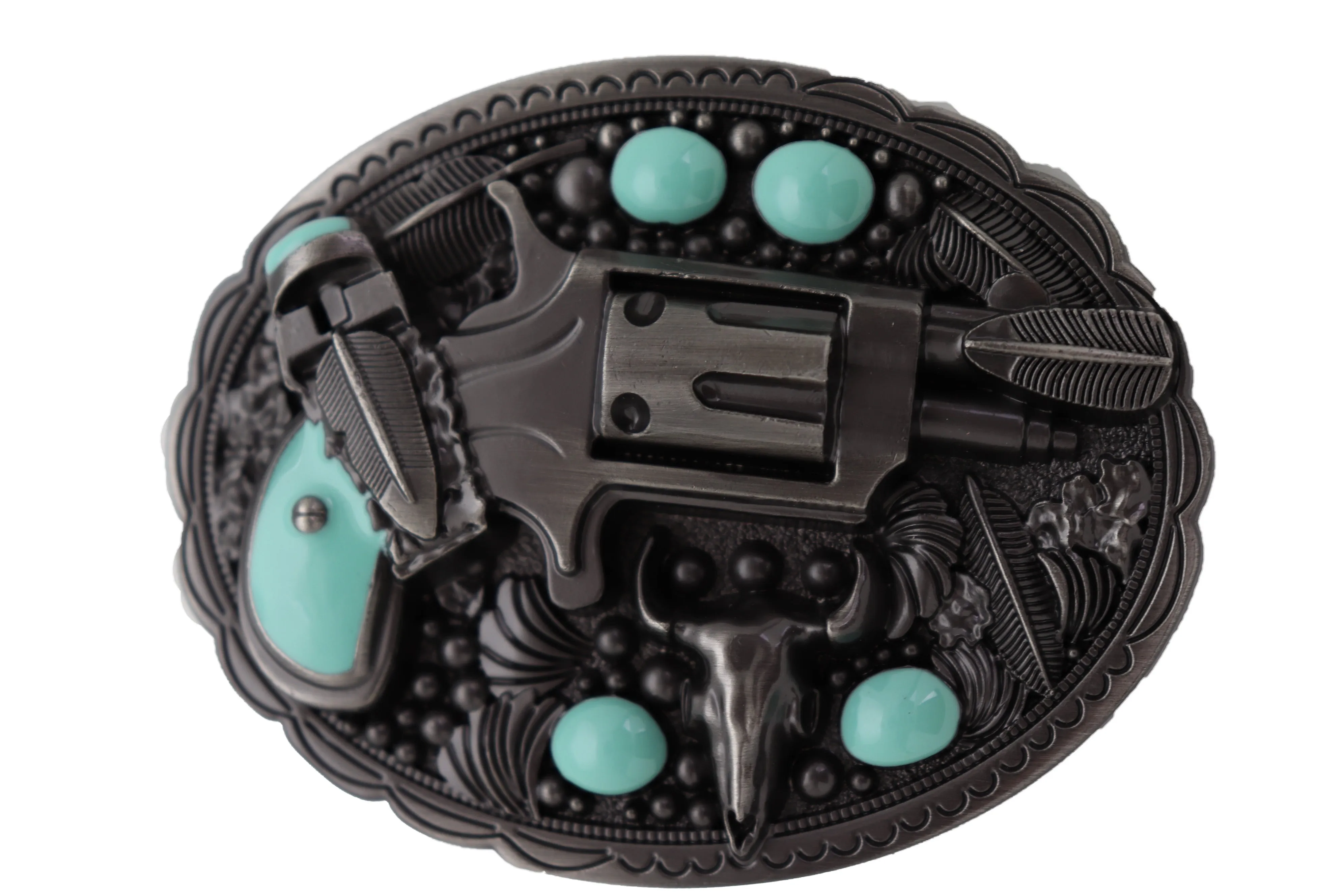 Revolver Gun & Turquoise Beads Oval Shaped Belt Buckle