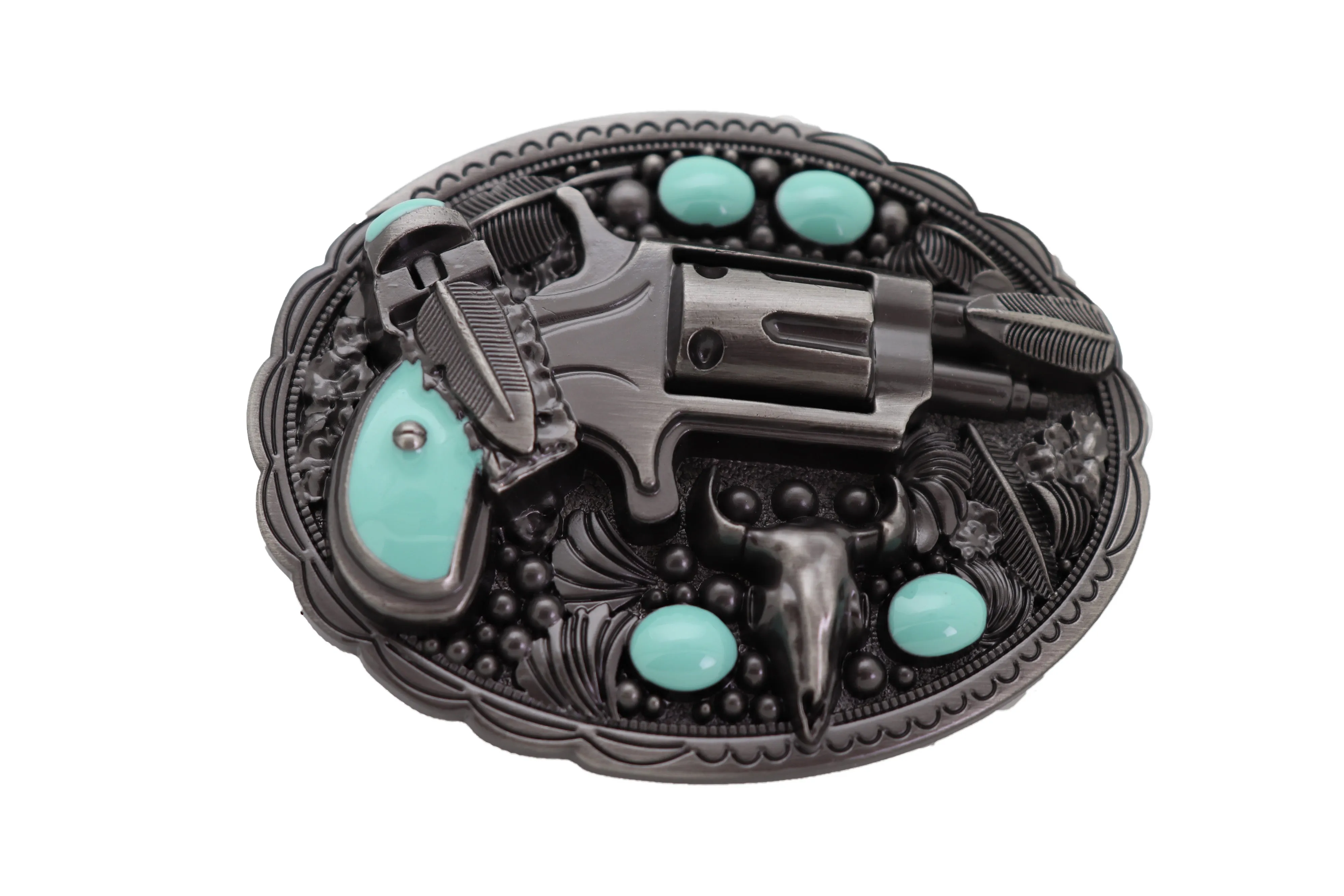 Revolver Gun & Turquoise Beads Oval Shaped Belt Buckle